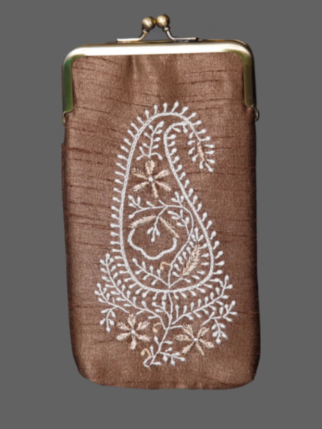 Ada Hand Embroidered Brown Silk Lucknowi Chikankari Mobile Cover With Zari Work 01A437546