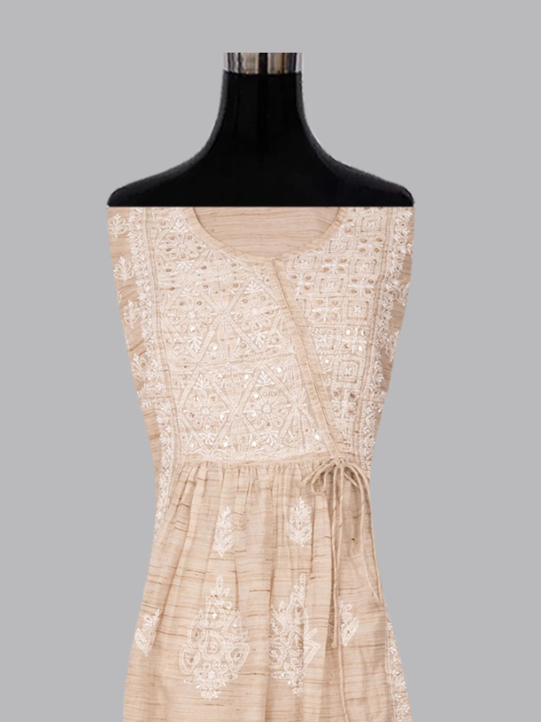 Ada Hand Embroidered Fawn Khadi Lucknowi Chikankari Semi-stitched Kurta Dupatta Set With Mukaish Work 01A316165