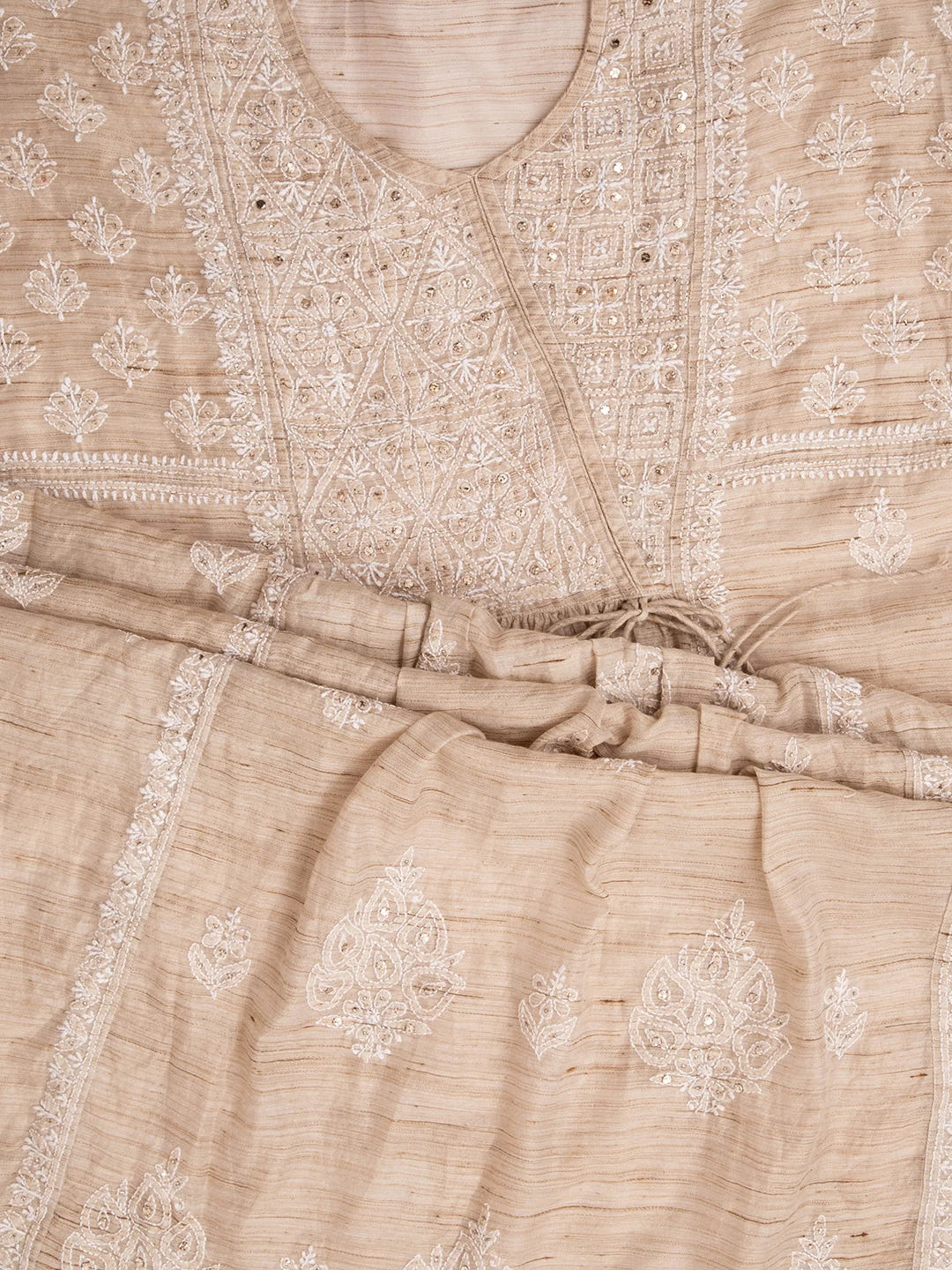 Ada Hand Embroidered Fawn Khadi Lucknowi Chikankari Semi-stitched Kurta Dupatta Set With Mukaish Work 01A316165