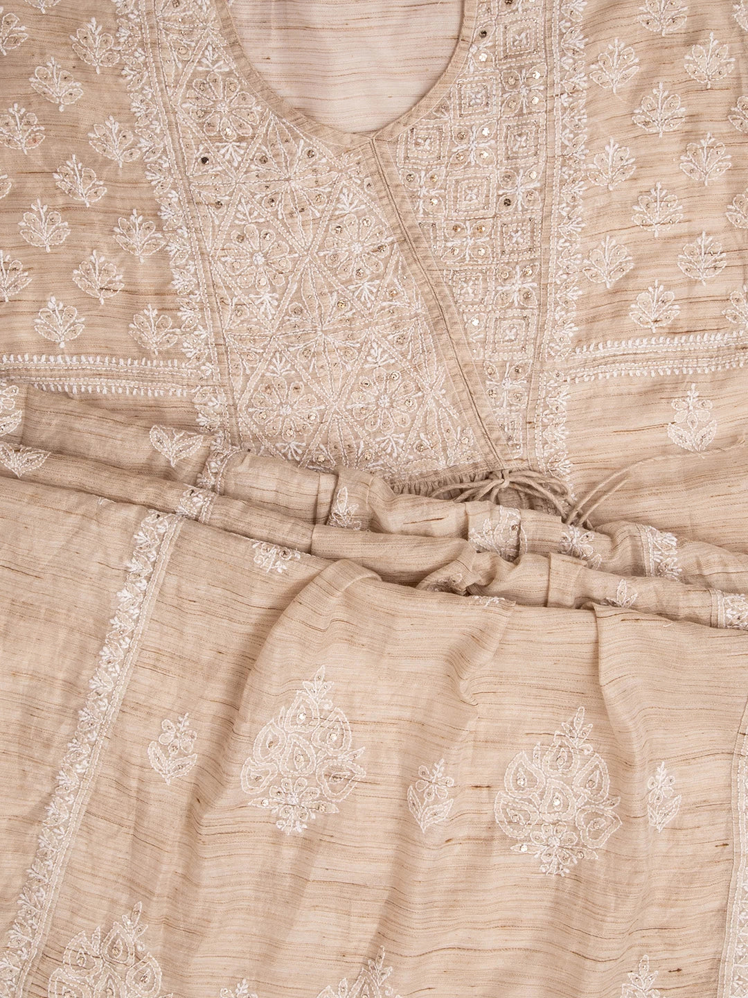 Ada Hand Embroidered Fawn Khadi Lucknowi Chikankari Semi-stitched Kurta Dupatta Set With Mukaish Work 01A316165