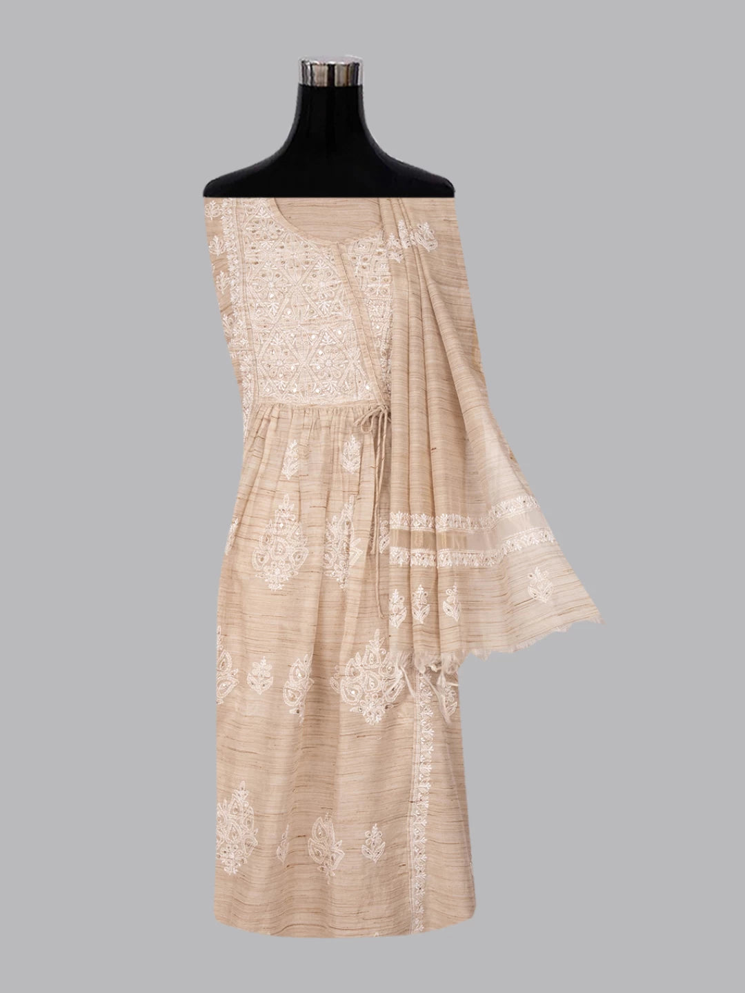 Ada Hand Embroidered Fawn Khadi Lucknowi Chikankari Semi-stitched Kurta Dupatta Set With Mukaish Work 01A316165