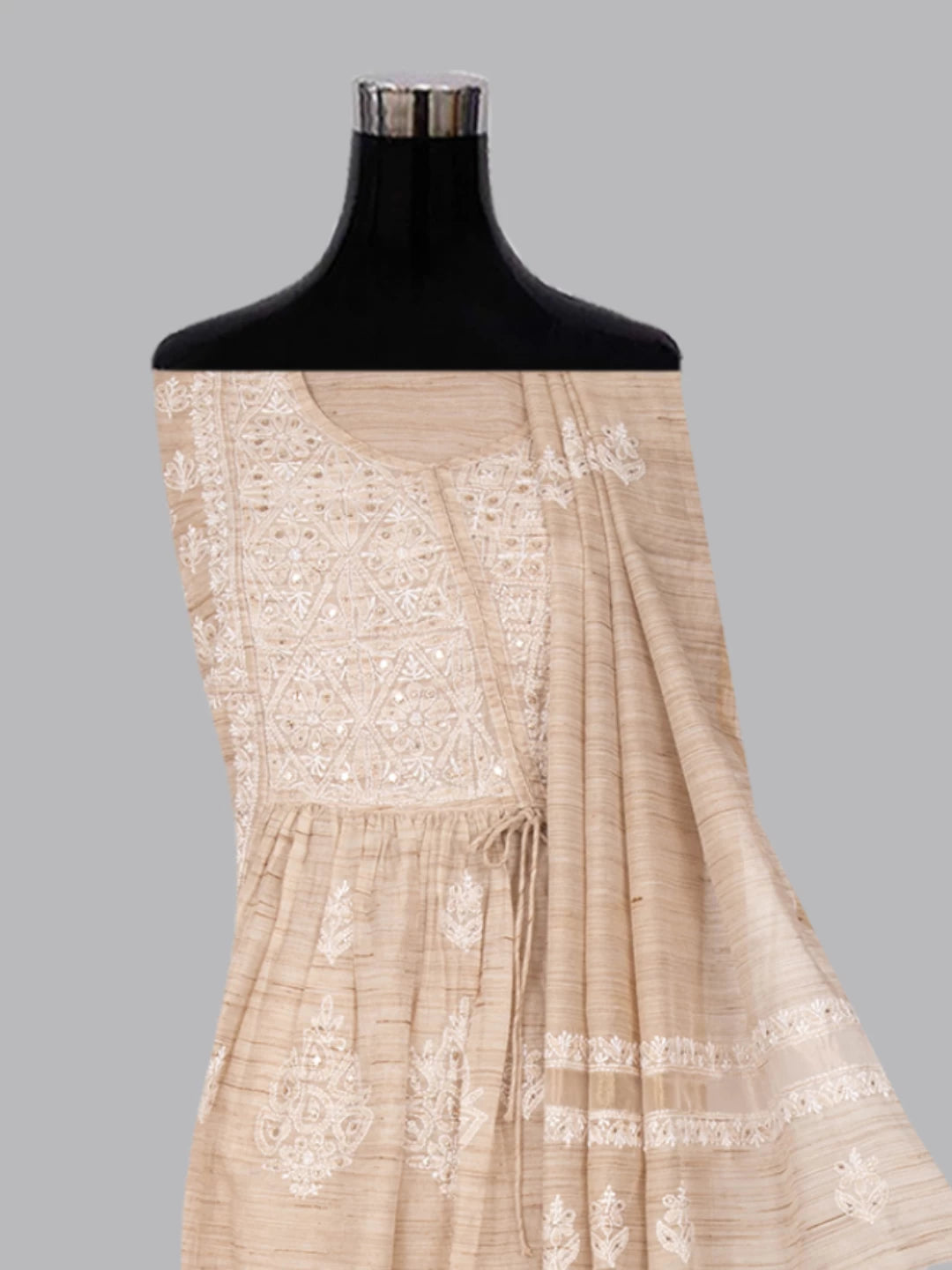 Ada Hand Embroidered Fawn Khadi Lucknowi Chikankari Semi-stitched Kurta Dupatta Set With Mukaish Work 01A316165