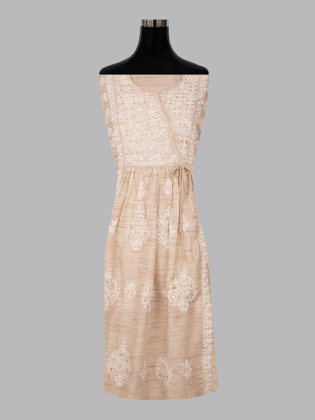 Ada Hand Embroidered Fawn Khadi Lucknowi Chikankari Semi-stitched Kurta Dupatta Set With Mukaish Work 01A316165