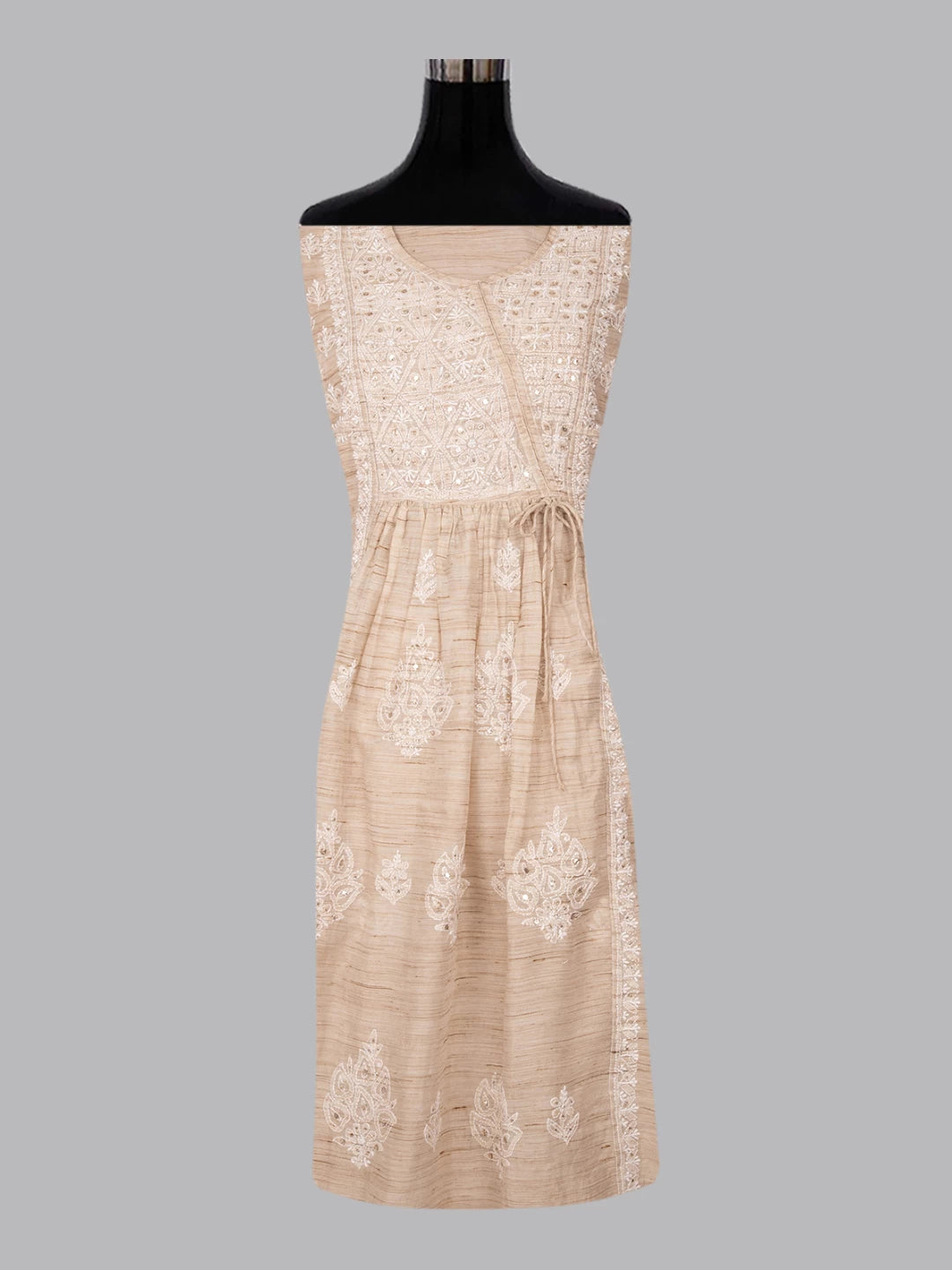 Ada Hand Embroidered Fawn Khadi Lucknowi Chikankari Semi-stitched Kurta Dupatta Set With Mukaish Work 01A316165