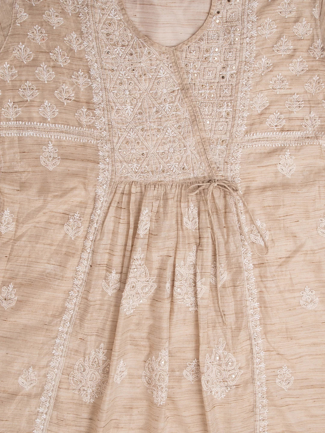 Ada Hand Embroidered Fawn Khadi Lucknowi Chikankari Semi-stitched Kurta Dupatta Set With Mukaish Work 01A316165