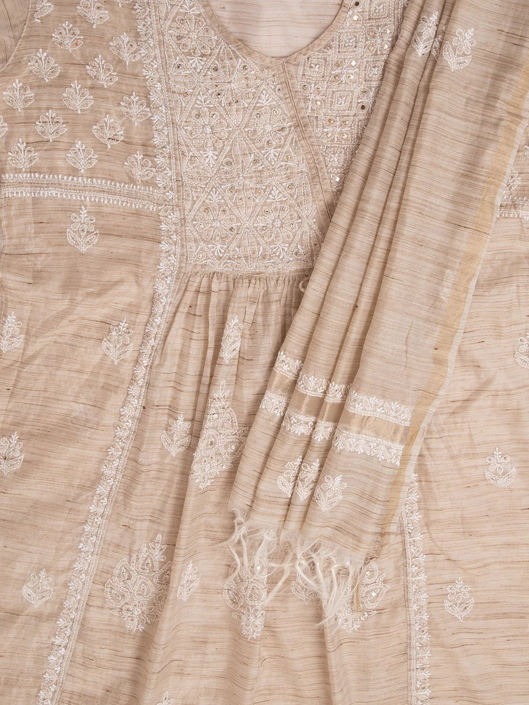 Ada Hand Embroidered Fawn Khadi Lucknowi Chikankari Semi-stitched Kurta Dupatta Set With Mukaish Work 01A316165