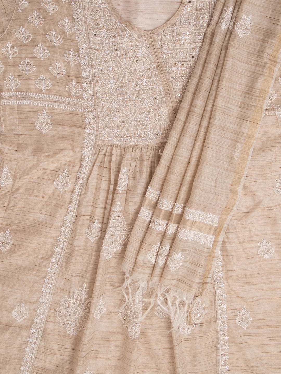 Ada Hand Embroidered Fawn Khadi Lucknowi Chikankari Semi-stitched Kurta Dupatta Set With Mukaish Work 01A316165