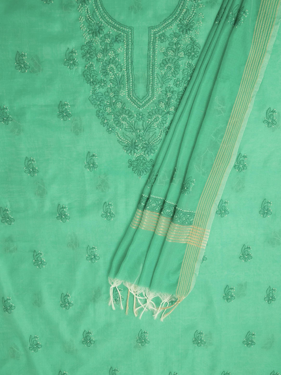 Ada Hand Embroidered Munsell Green Chanderi Lucknowi Chikankari unstitched Kurta Dupatta Set 01A384777