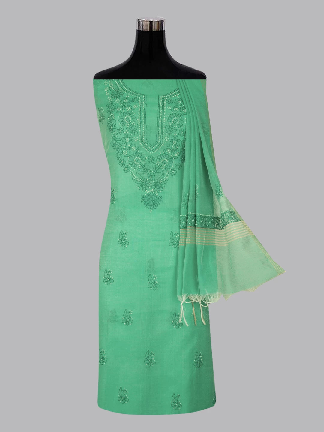 Ada Hand Embroidered Munsell Green Chanderi Lucknowi Chikankari unstitched Kurta Dupatta Set 01A384777