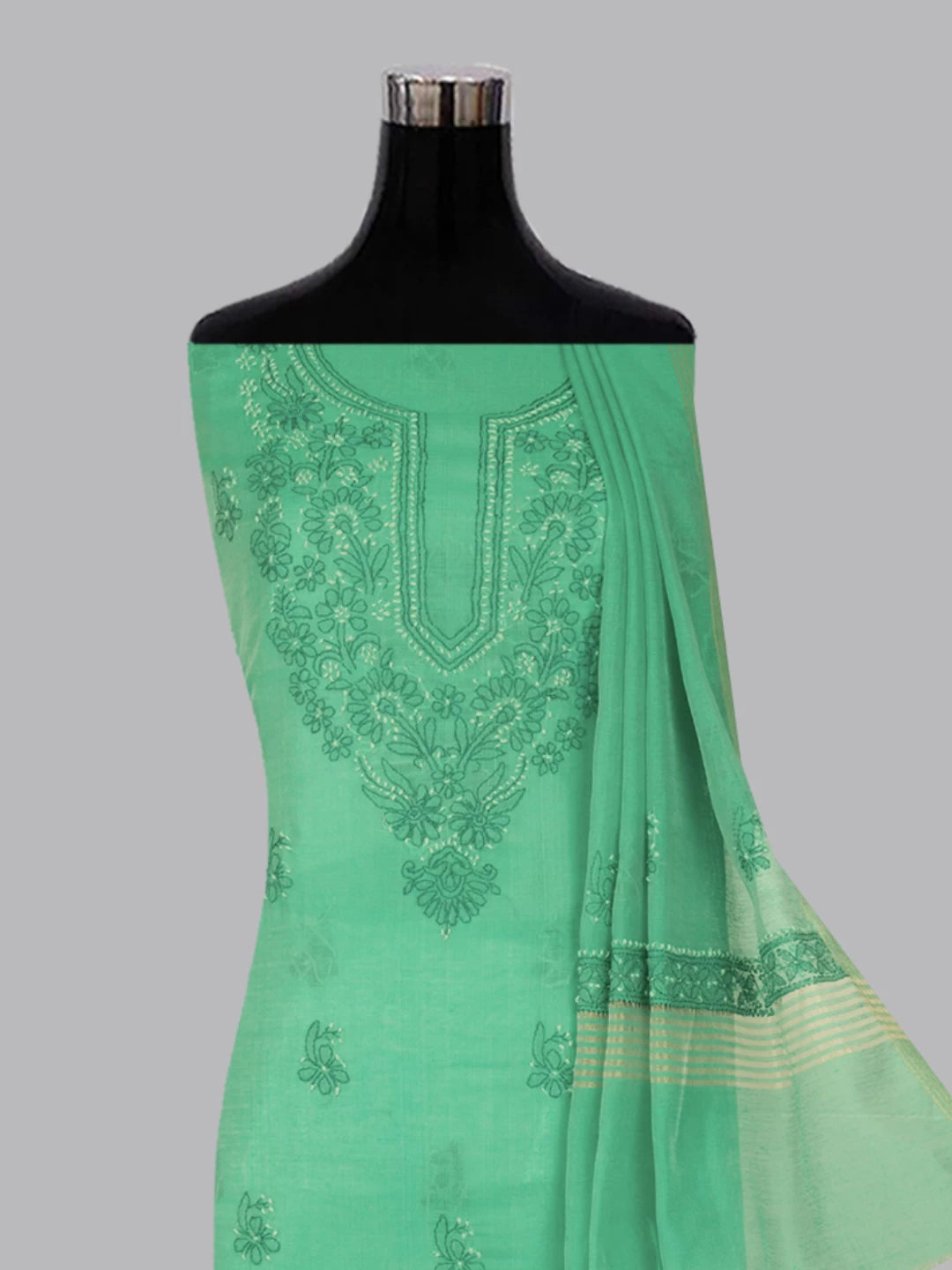 Ada Hand Embroidered Munsell Green Chanderi Lucknowi Chikankari unstitched Kurta Dupatta Set 01A384777