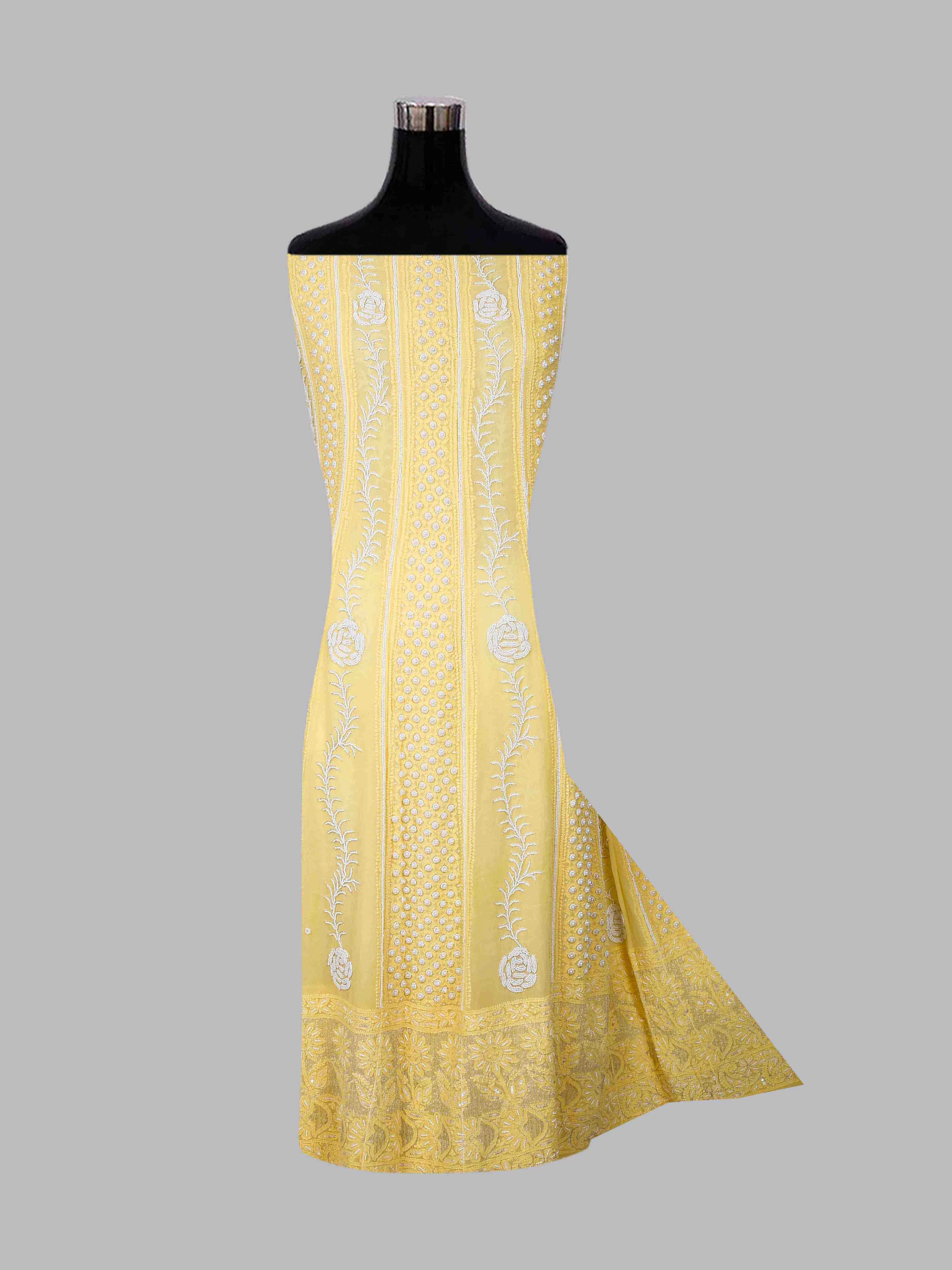 Ada Hand Embroidered Yellow Viscose Georgette Lucknowi Chikankari Semi-Stitched Anarkali Kurta Dupatta Set With Pearl Work 01A418604