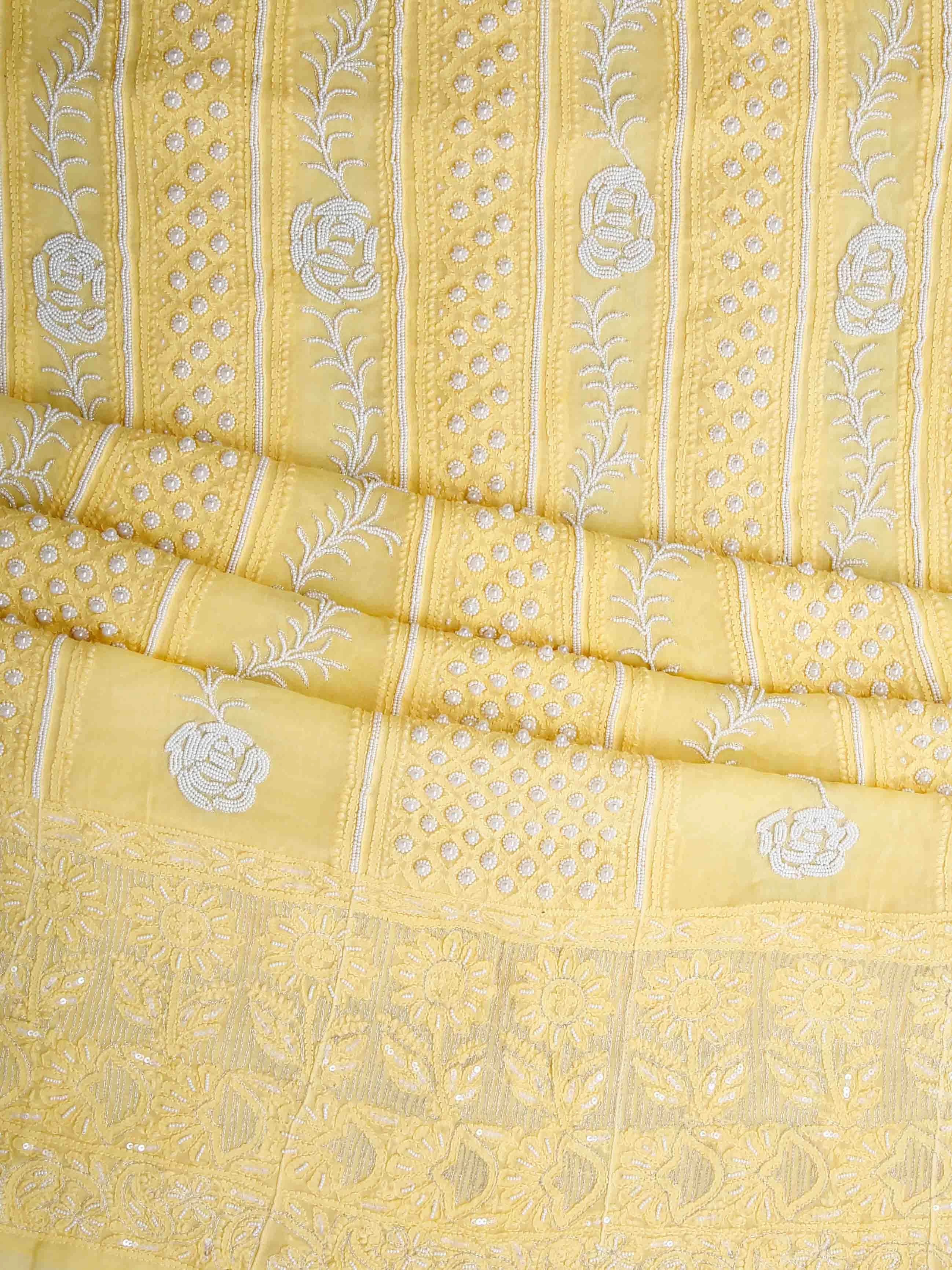 Ada Hand Embroidered Yellow Viscose Georgette Lucknowi Chikankari Semi-Stitched Anarkali Kurta Dupatta Set With Pearl Work 01A418604
