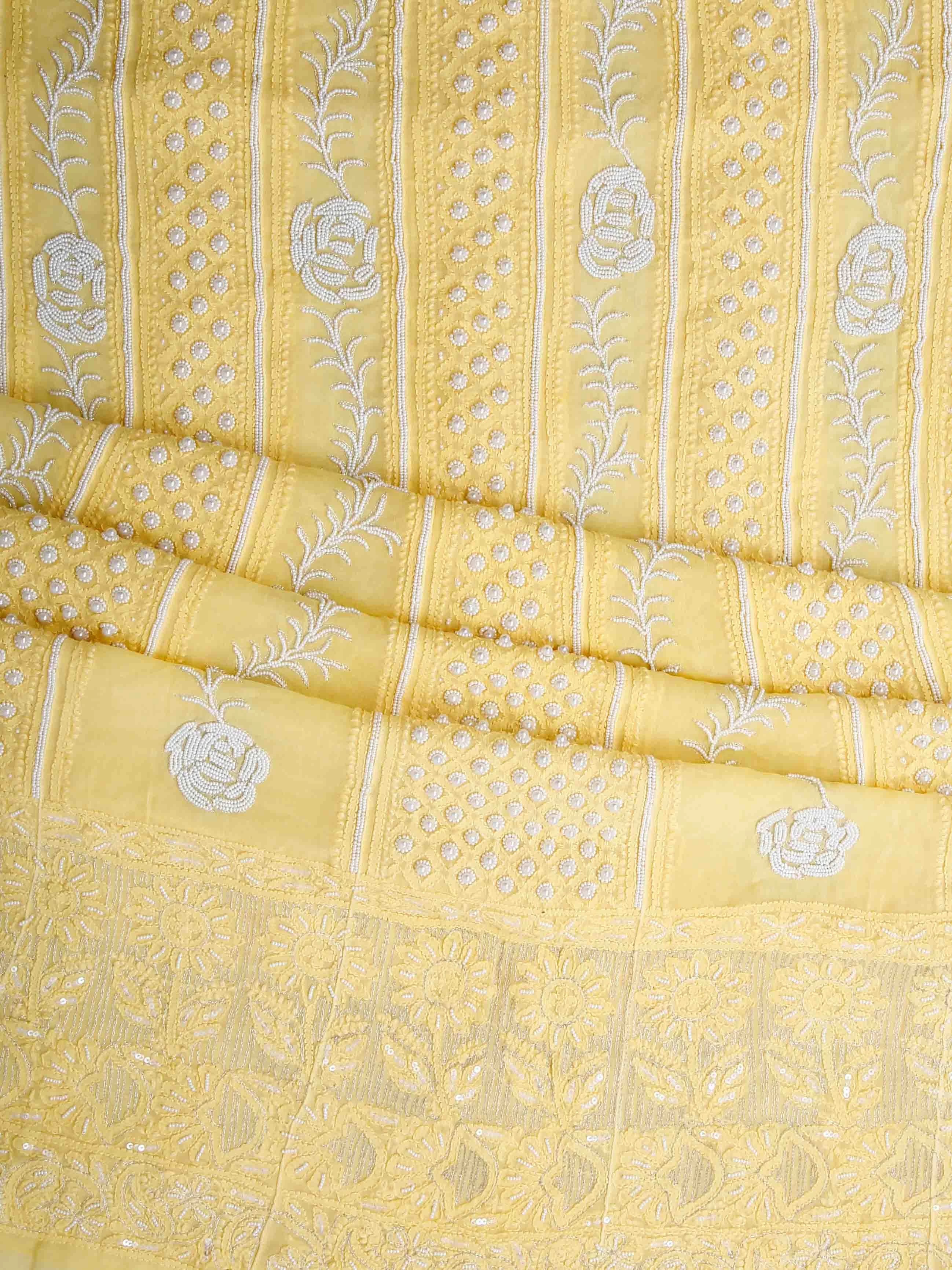 Ada Hand Embroidered Yellow Viscose Georgette Lucknowi Chikankari Semi-Stitched Anarkali Kurta Dupatta Set With Pearl Work 01A418604