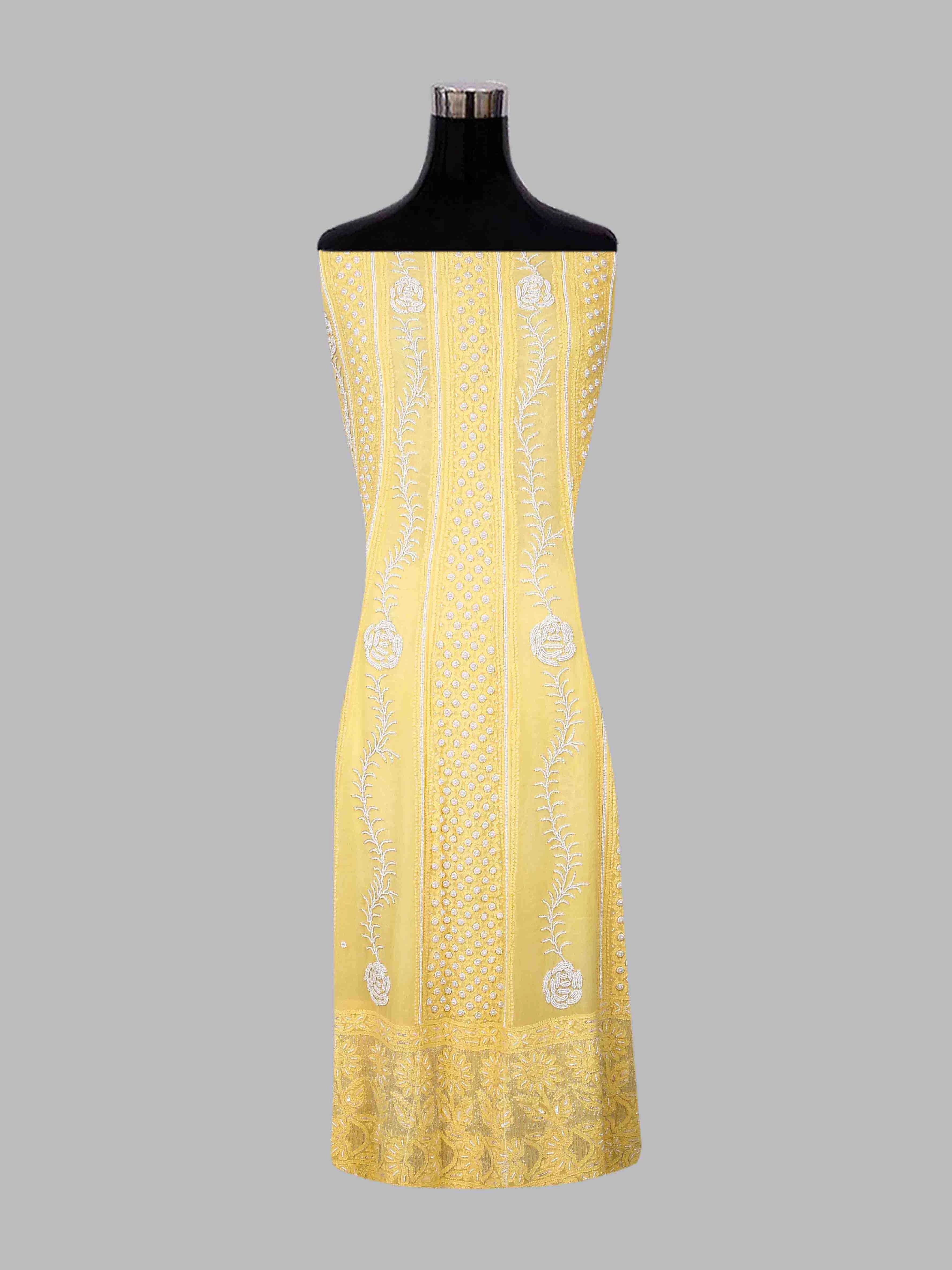 Ada Hand Embroidered Yellow Viscose Georgette Lucknowi Chikankari Semi-Stitched Anarkali Kurta Dupatta Set With Pearl Work 01A418604
