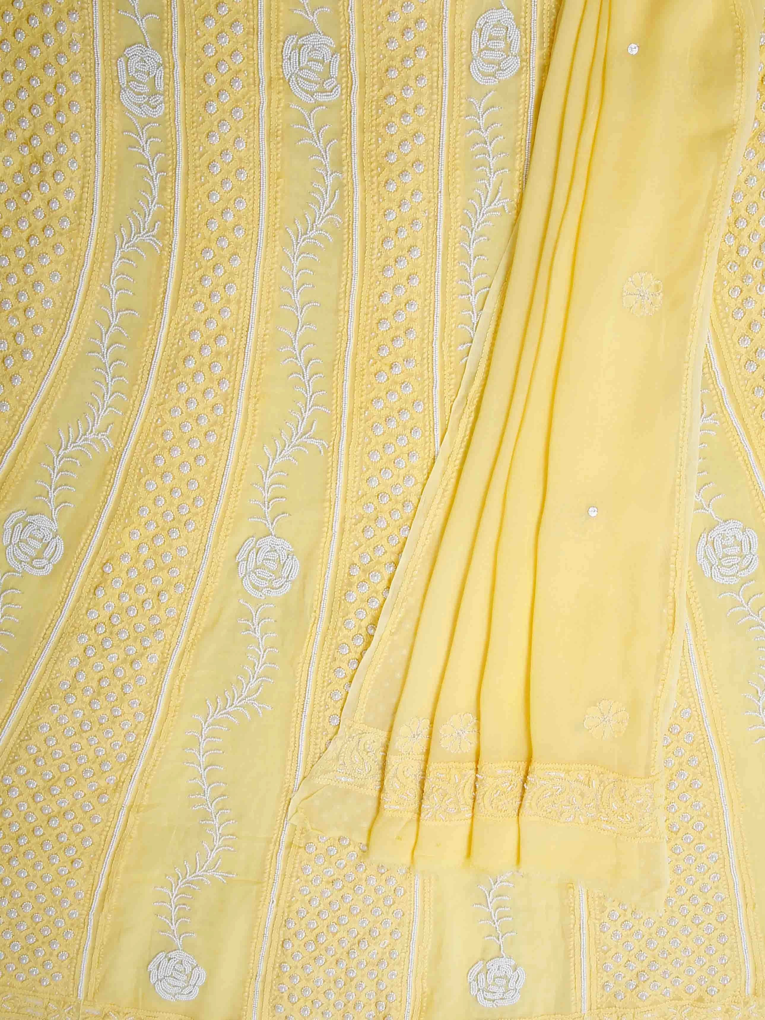 Ada Hand Embroidered Yellow Viscose Georgette Lucknowi Chikankari Semi-Stitched Anarkali Kurta Dupatta Set With Pearl Work 01A418604