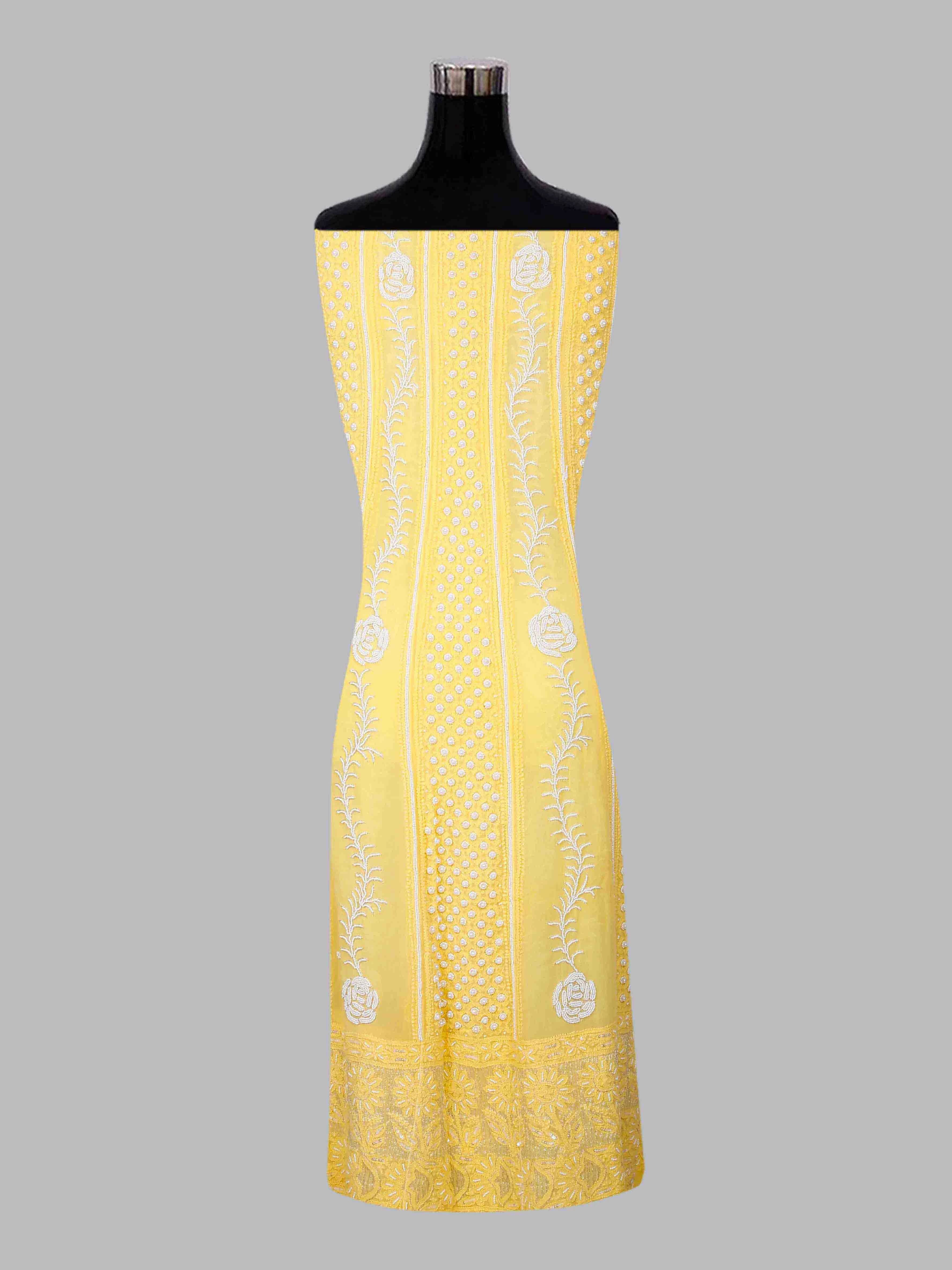 Ada Hand Embroidered Yellow Viscose Georgette Lucknowi Chikankari Semi-Stitched Anarkali Kurta Dupatta Set With Pearl Work 01A418604
