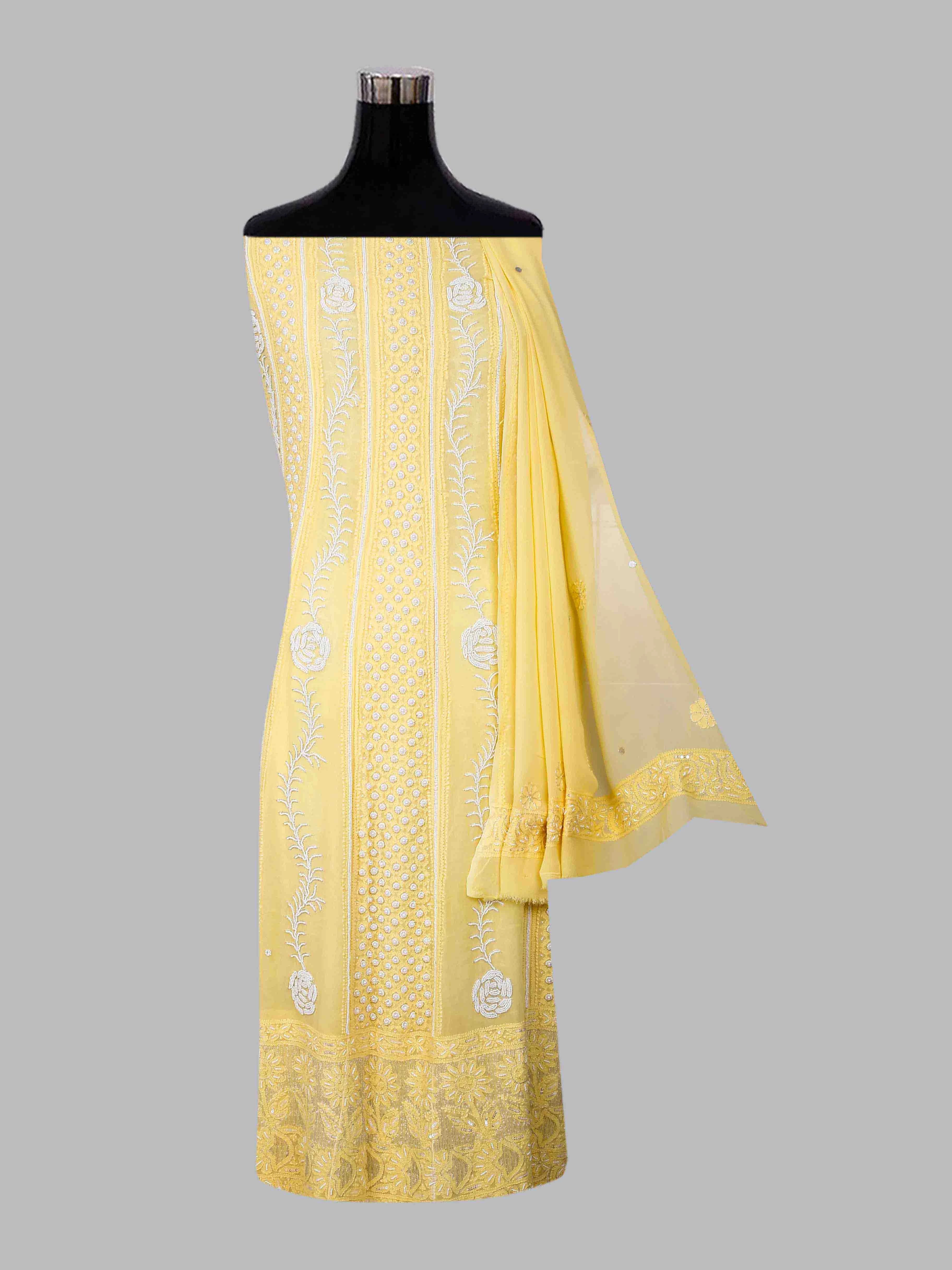 Ada Hand Embroidered Yellow Viscose Georgette Lucknowi Chikankari Semi-Stitched Anarkali Kurta Dupatta Set With Pearl Work 01A418604