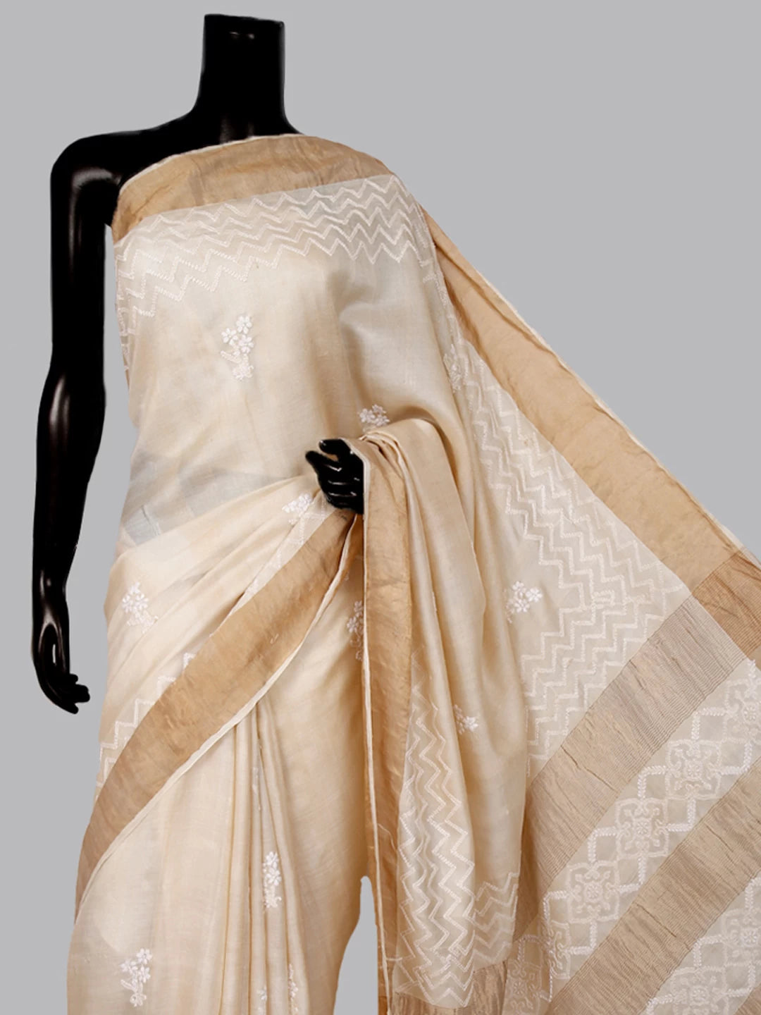 Ada Hand Embroidered Fawn Silk Lucknowi Chikankari Saree With Blouse 01A422202