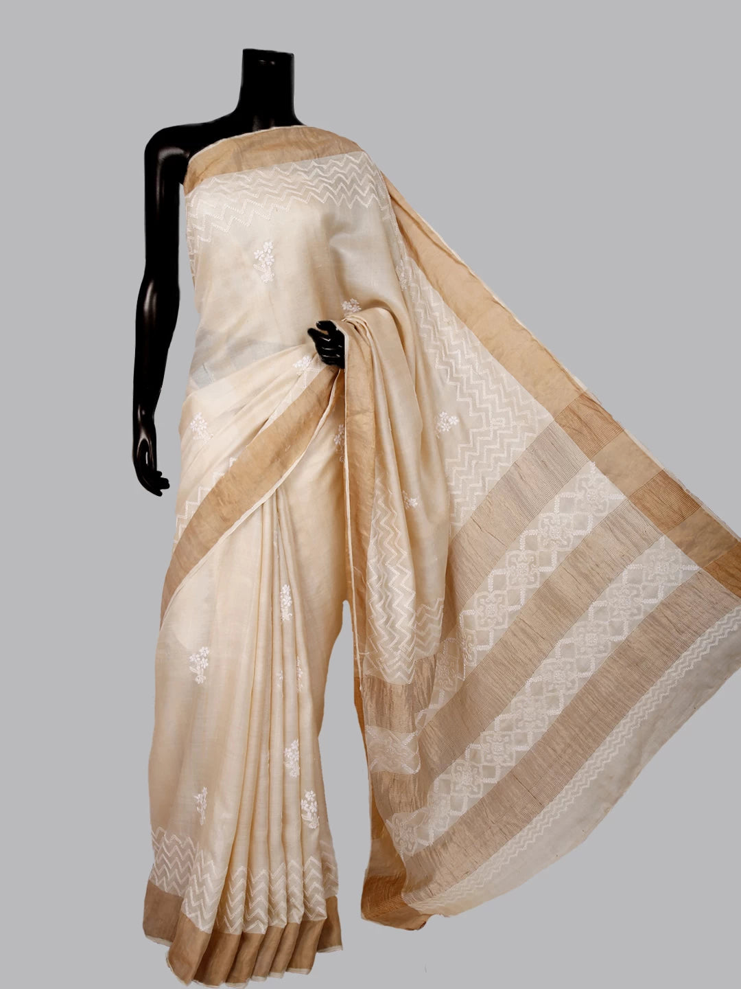 Ada Hand Embroidered Fawn Silk Lucknowi Chikankari Saree With Blouse 01A422202