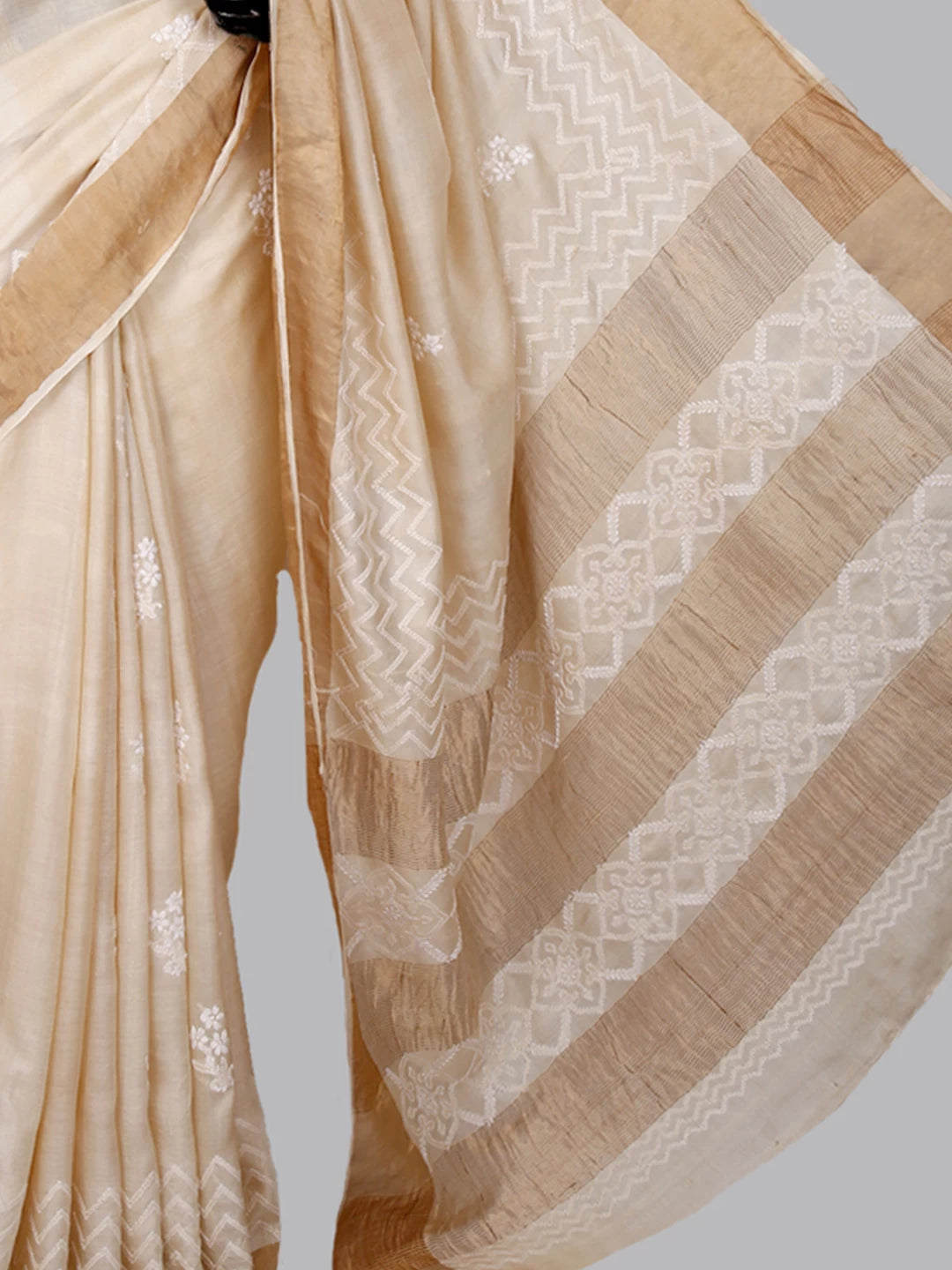 Ada Hand Embroidered Fawn Silk Lucknowi Chikankari Saree With Blouse 01A422202