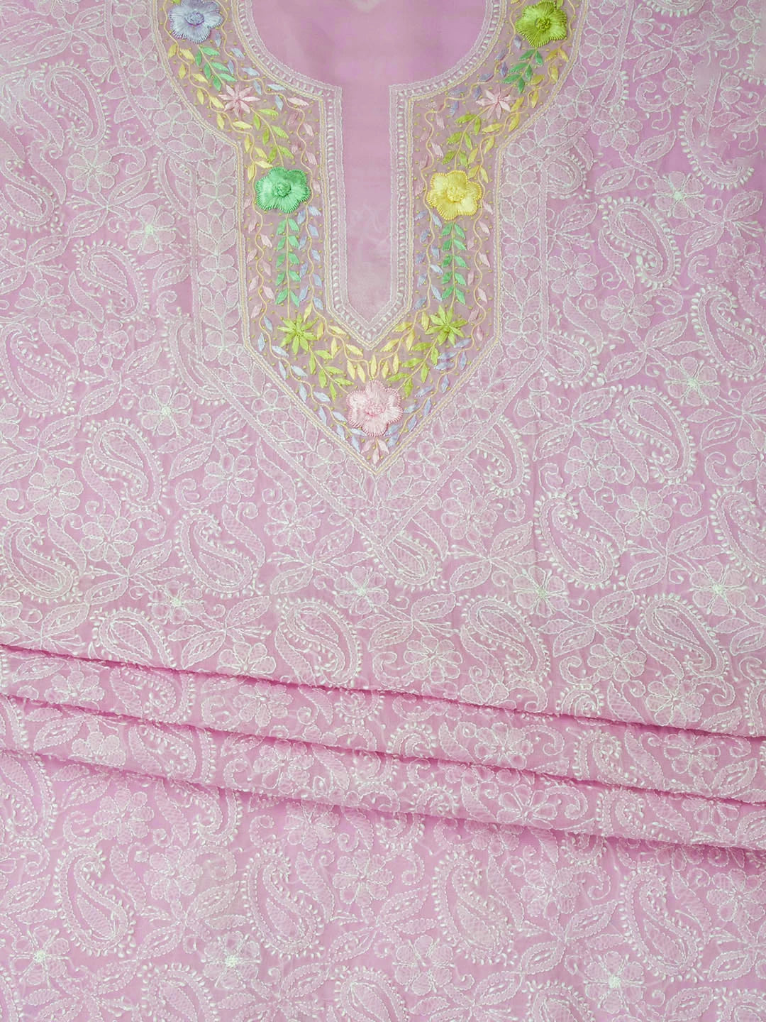 Ada Hand Embroidered Lilac Cotton Lucknowi Chikankari Unstitched Kurta Piece With Parsi Work 01A288154