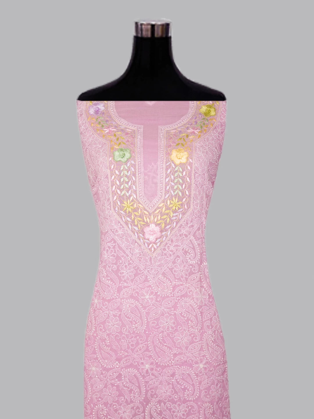 Ada Hand Embroidered Lilac Cotton Lucknowi Chikankari Unstitched Kurta Piece With Parsi Work 01A288154