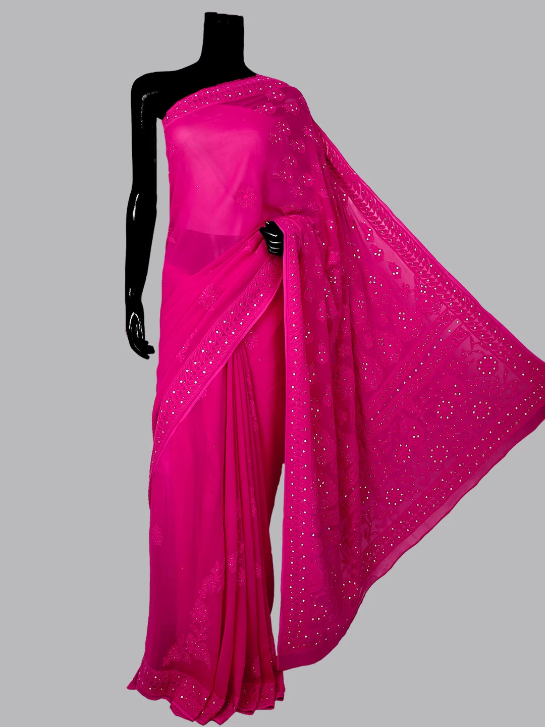 Ada Hand Embroidered Magenta Georgette Lucknowi Chikankari Saree/Blouse With Muqaish Work 01A405273