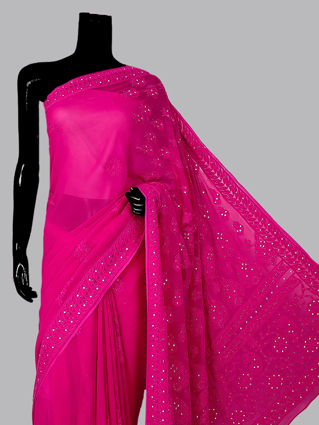 Ada Hand Embroidered Magenta Georgette Lucknowi Chikankari Saree/Blouse With Muqaish Work 01A405273