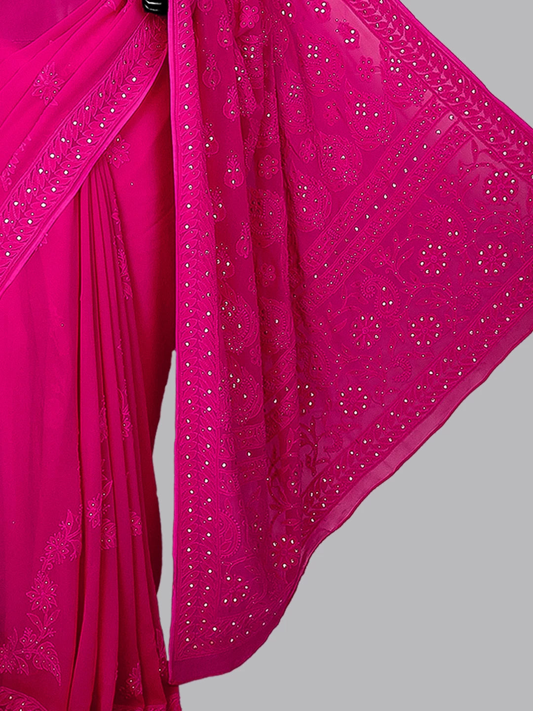 Ada Hand Embroidered Magenta Georgette Lucknowi Chikankari Saree/Blouse With Muqaish Work 01A405273
