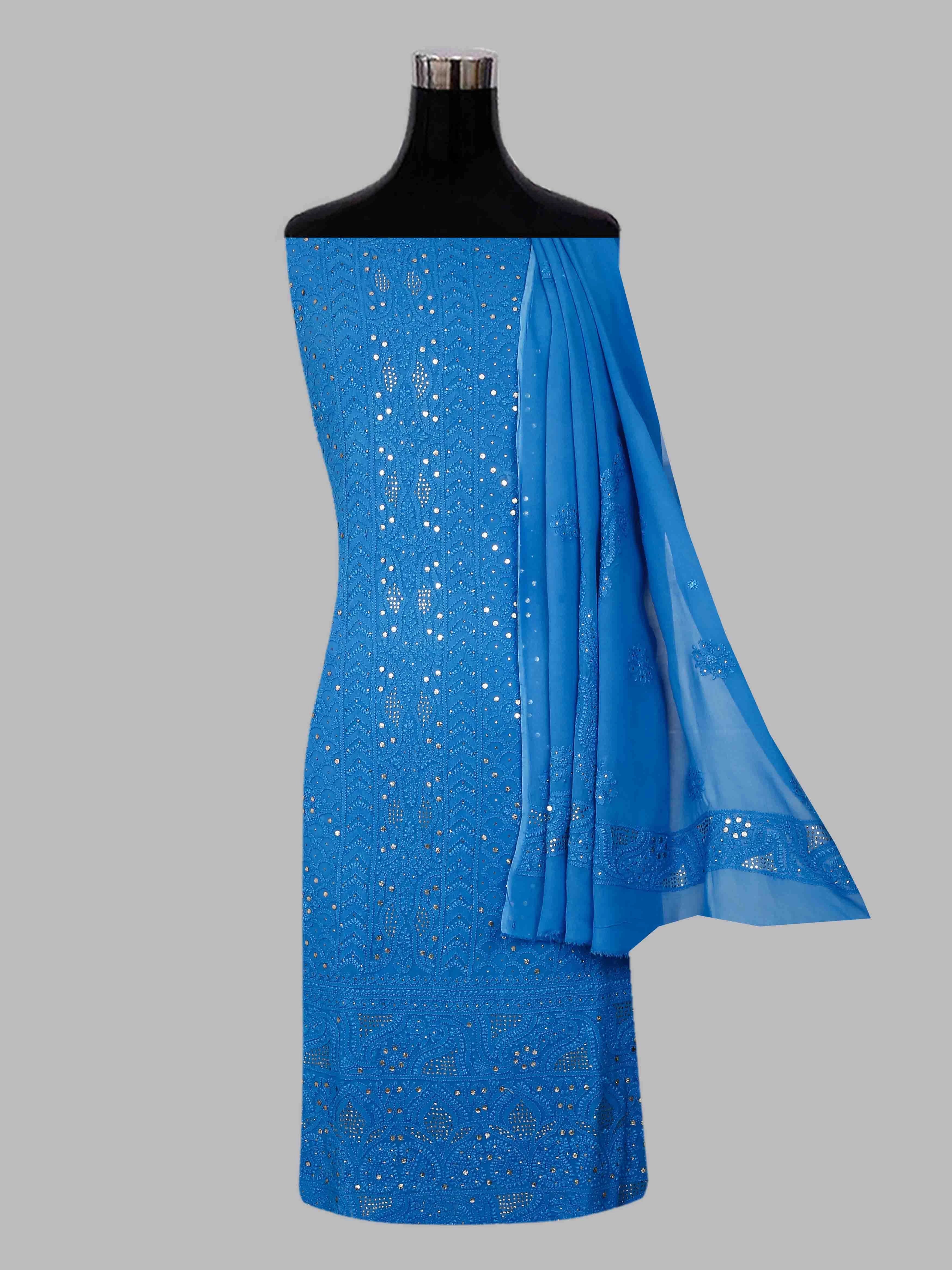 Ada Hand Embroidered Azure Blue Viscose Georgette Lucknowi Chikankari Unstitched Kurta Dupatta Set With Mukaish Work 01A347044