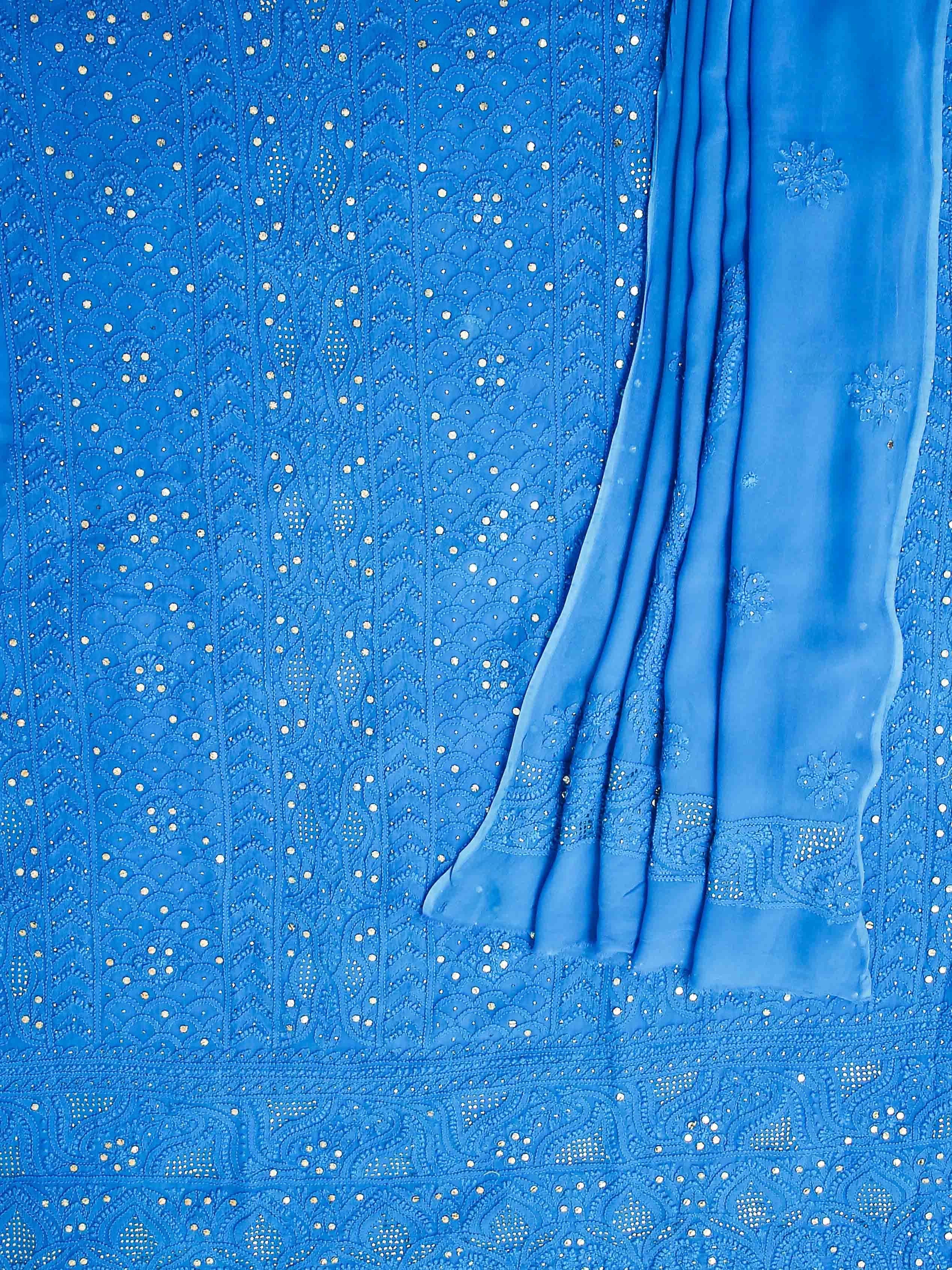 Ada Hand Embroidered Azure Blue Viscose Georgette Lucknowi Chikankari Unstitched Kurta Dupatta Set With Mukaish Work 01A347044