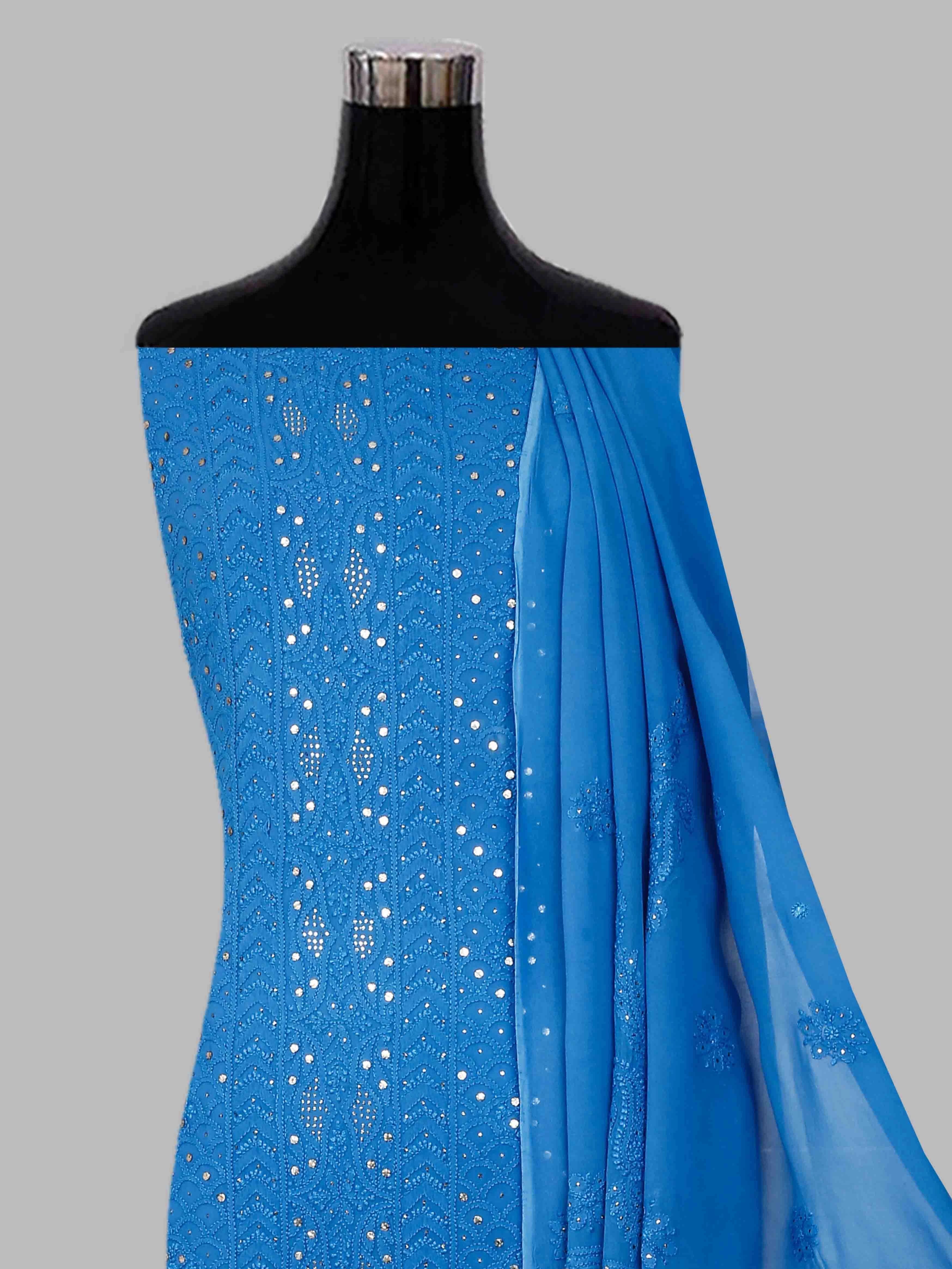 Ada Hand Embroidered Azure Blue Viscose Georgette Lucknowi Chikankari Unstitched Kurta Dupatta Set With Mukaish Work 01A347044