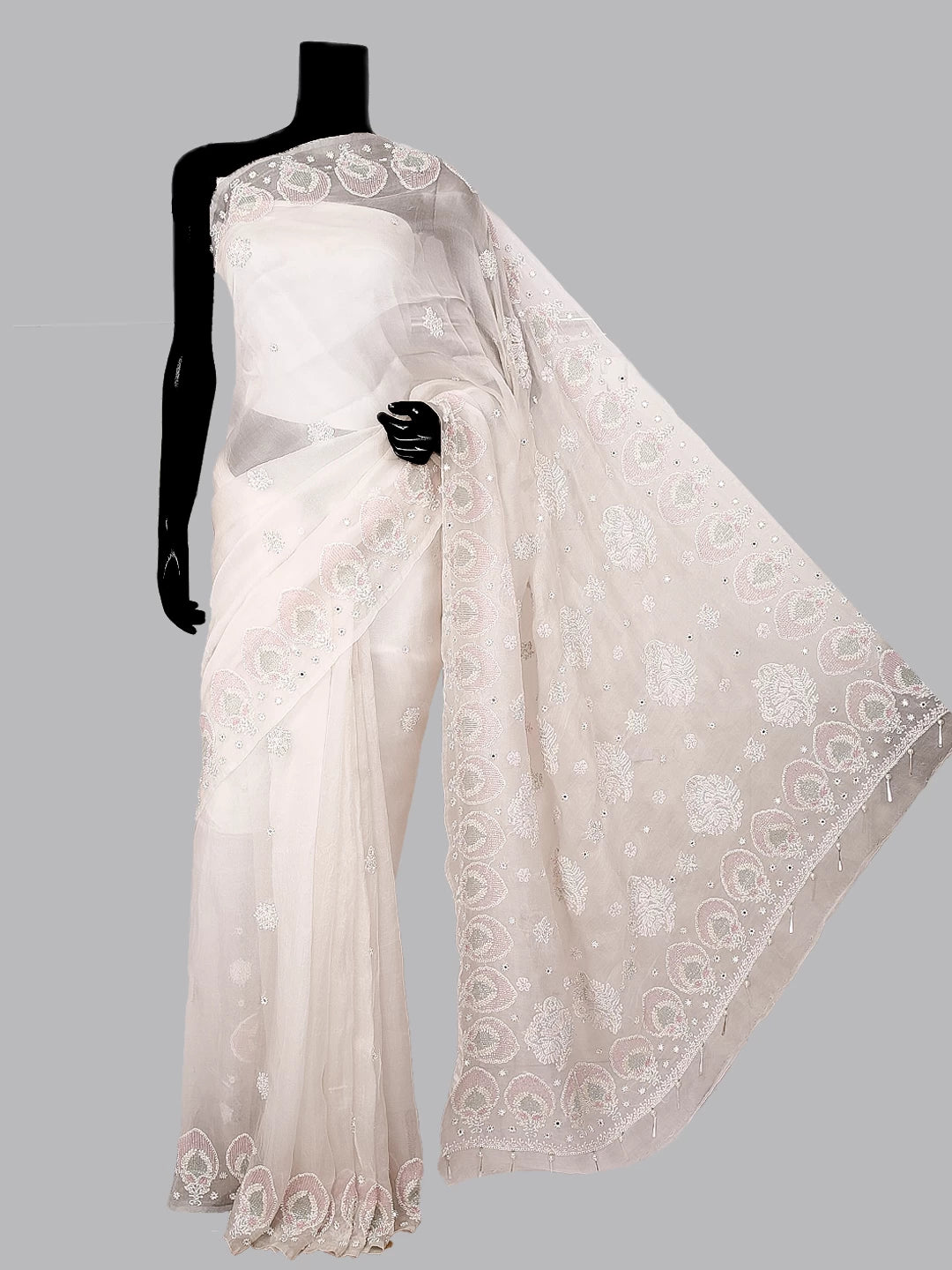 Ada Hand Embroidered Dove White Organza Lucknowi Chikankari Saree With Blouse 01A412675