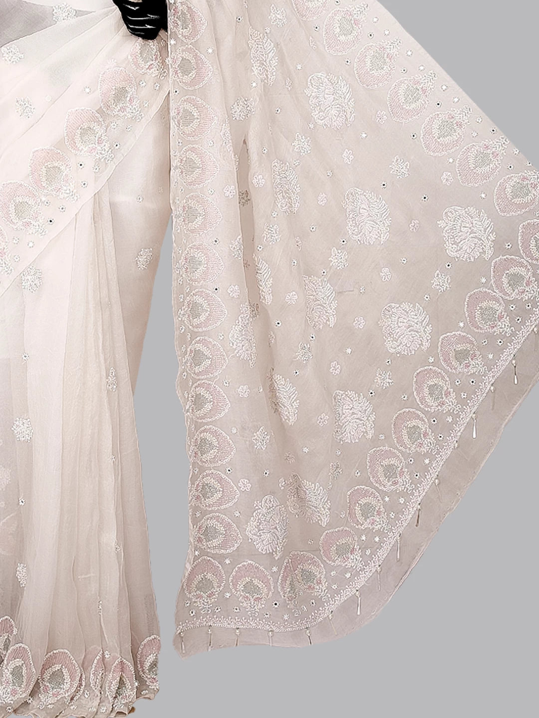 Ada Hand Embroidered Dove White Organza Lucknowi Chikankari Saree With Blouse 01A412675