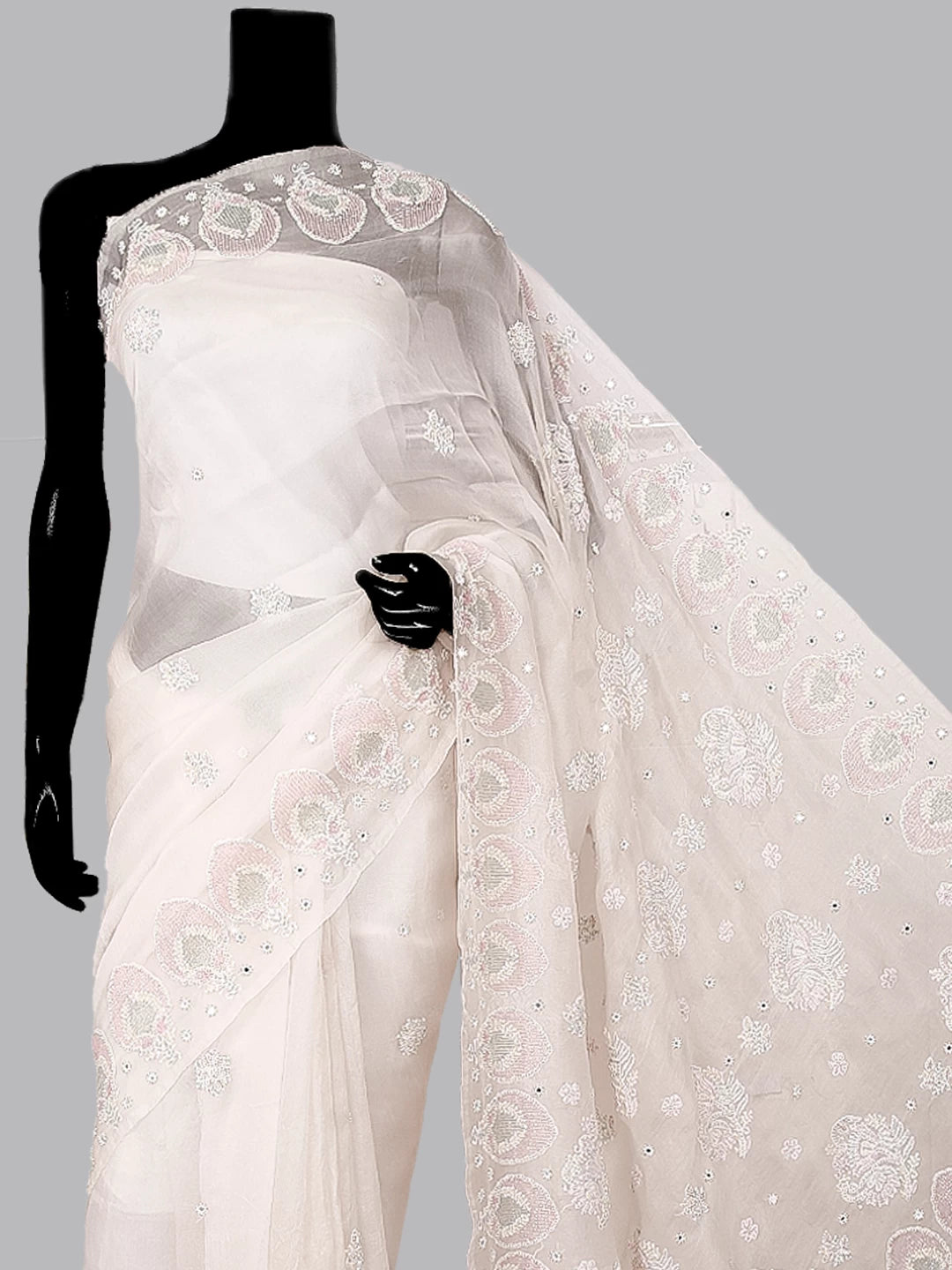 Ada Hand Embroidered Dove White Organza Lucknowi Chikankari Saree With Blouse 01A412675