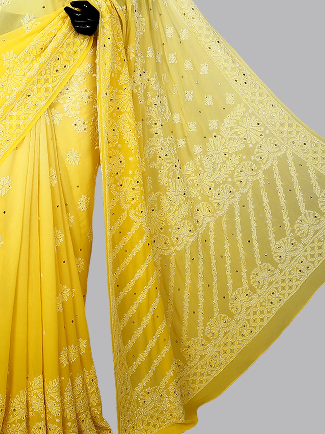 Ada Hand Embroidered Yellow Ombre Shade Pure Georgette Lucknowi Chikankari Saree/Blouse With Muqaish Work 01A286532