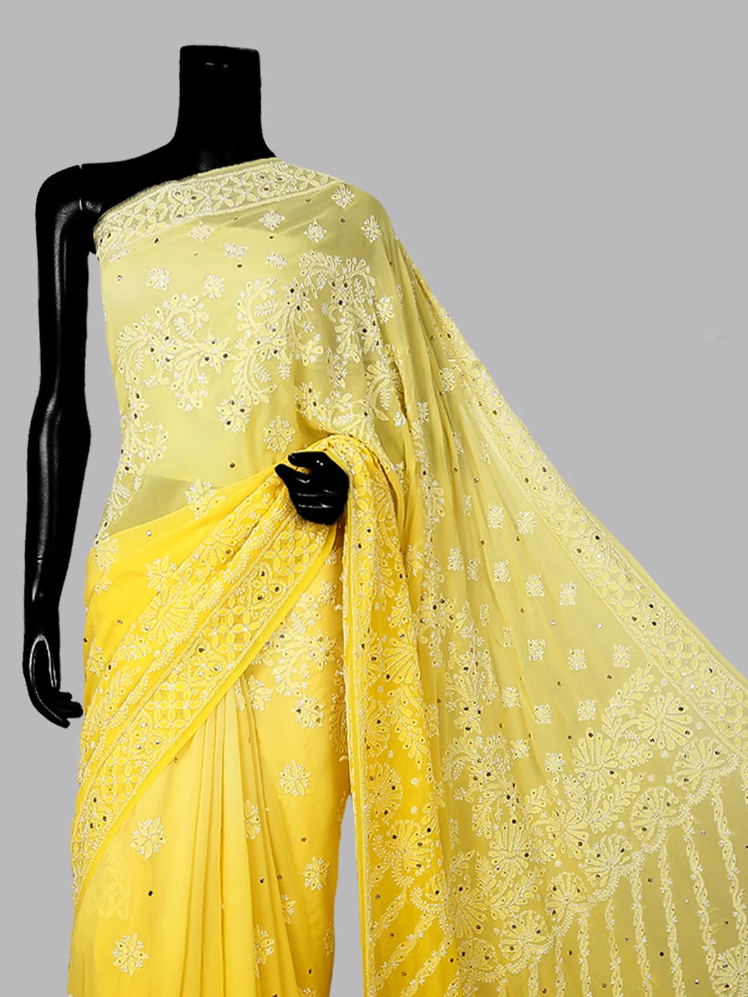 Ada Hand Embroidered Yellow Ombre Shade Pure Georgette Lucknowi Chikankari Saree/Blouse With Muqaish Work 01A286532