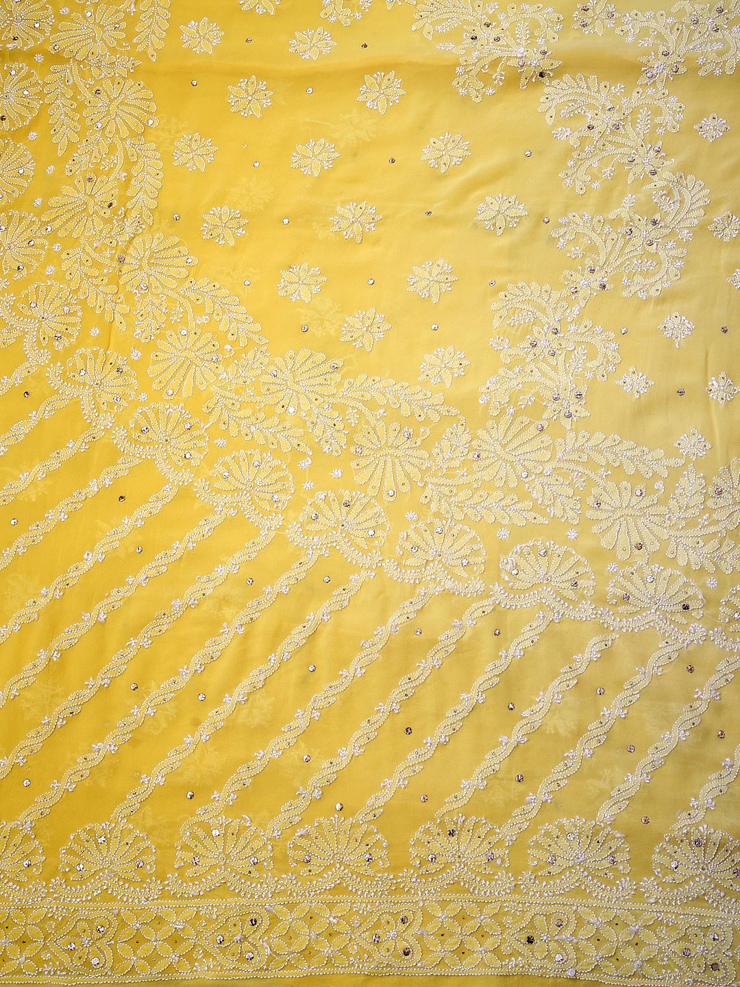 Ada Hand Embroidered Yellow Ombre Shade Pure Georgette Lucknowi Chikankari Saree/Blouse With Muqaish Work 01A286532