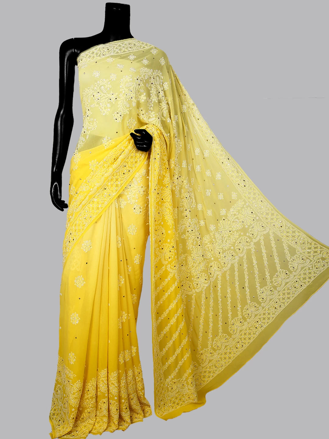 Ada Hand Embroidered Yellow Ombre Shade Pure Georgette Lucknowi Chikankari Saree/Blouse With Muqaish Work 01A286532