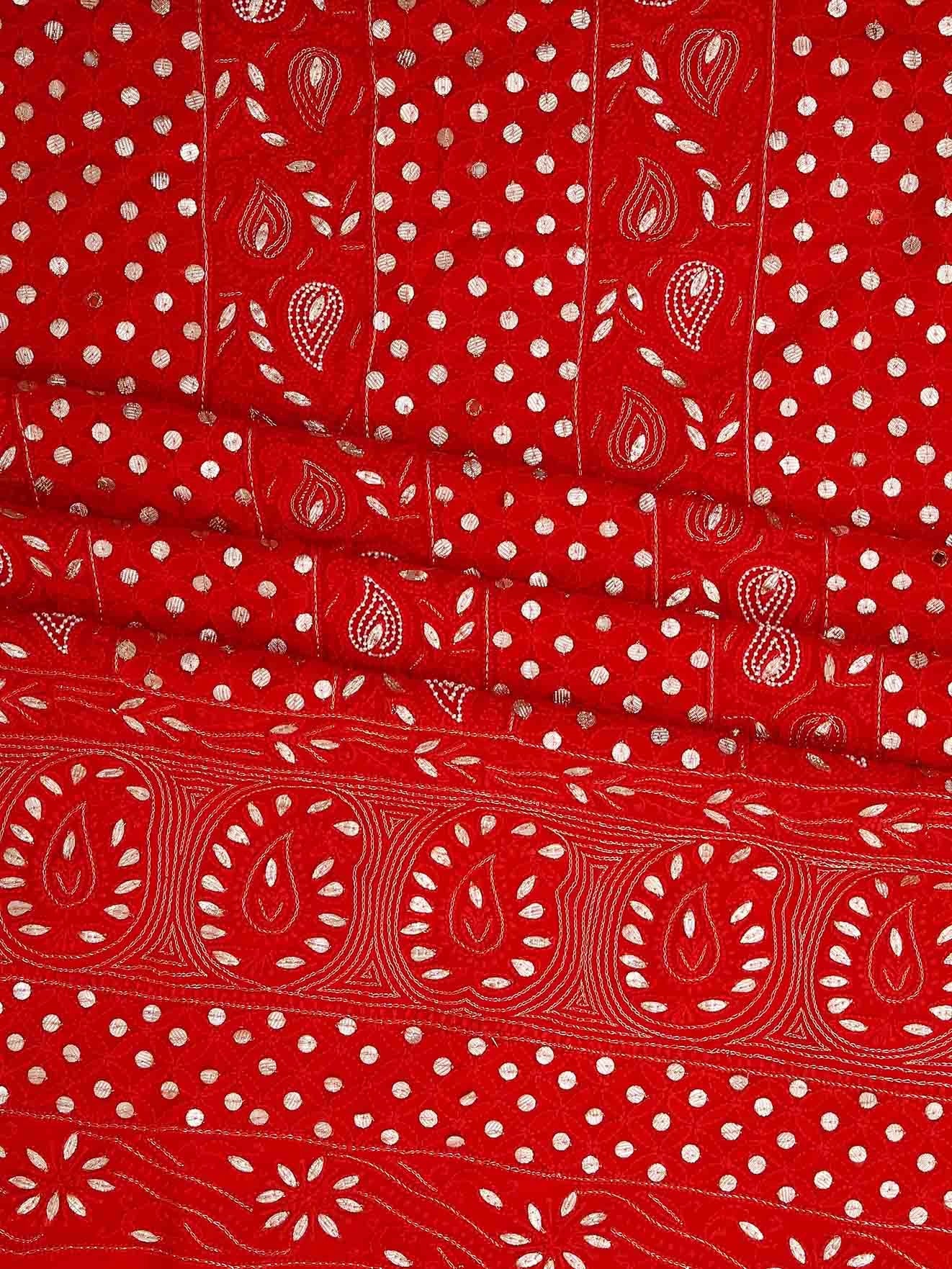Ada Hand Embroidered Red Georgette Lucknowi Chikankari Unstitched Kurta Dupatta Set With Zari Work 01A404845