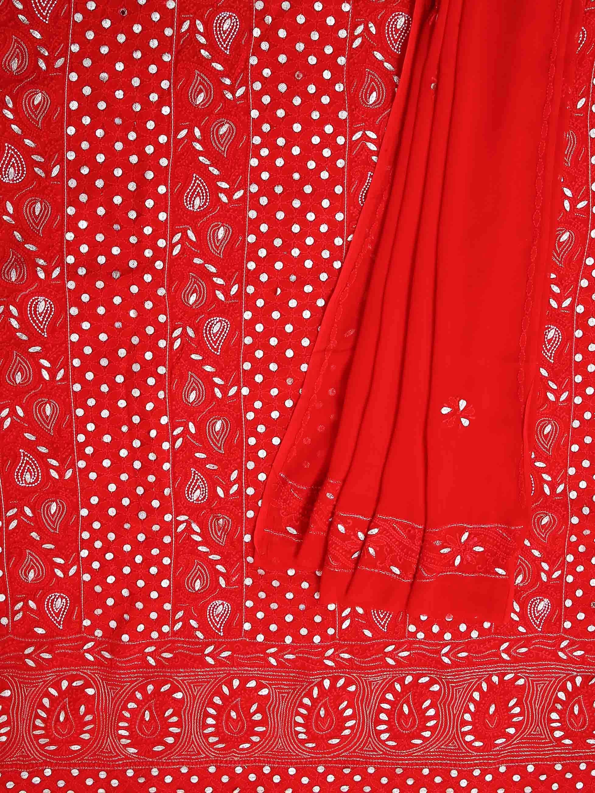 Ada Hand Embroidered Red Georgette Lucknowi Chikankari Unstitched Kurta Dupatta Set With Zari Work 01A404845