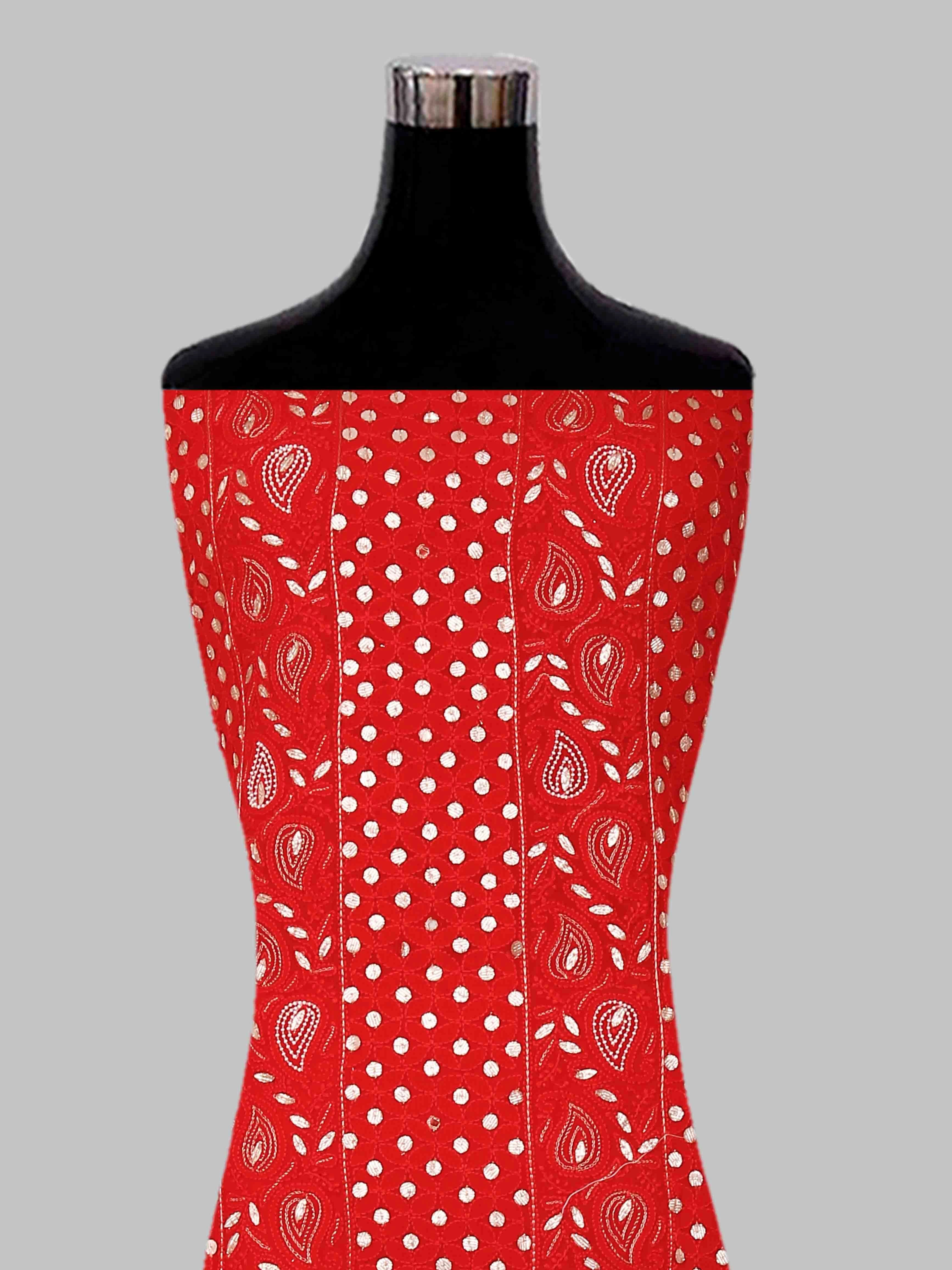 Ada Hand Embroidered Red Georgette Lucknowi Chikankari Unstitched Kurta Dupatta Set With Zari Work 01A404845