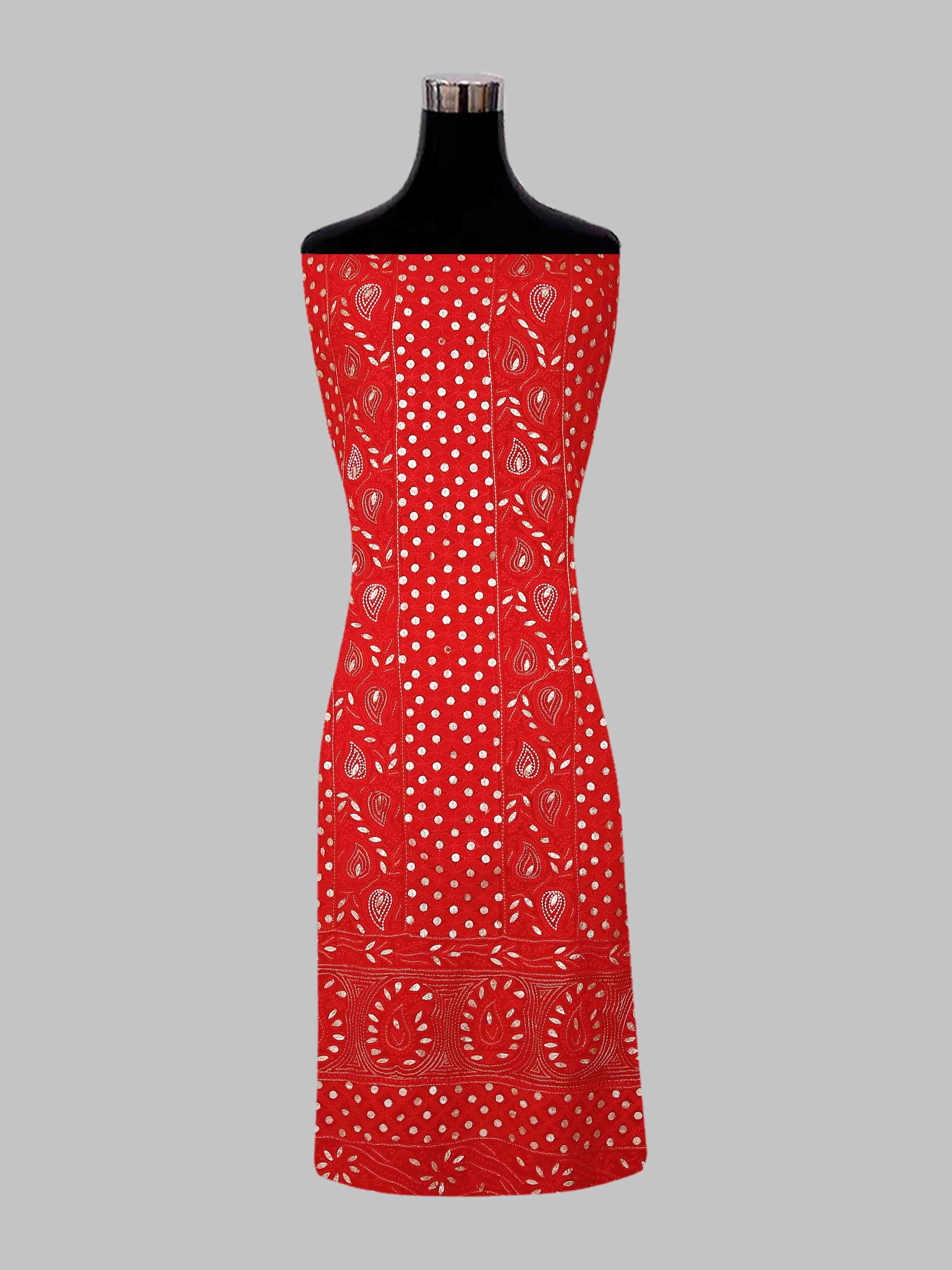 Ada Hand Embroidered Red Georgette Lucknowi Chikankari Unstitched Kurta Dupatta Set With Zari Work 01A404845