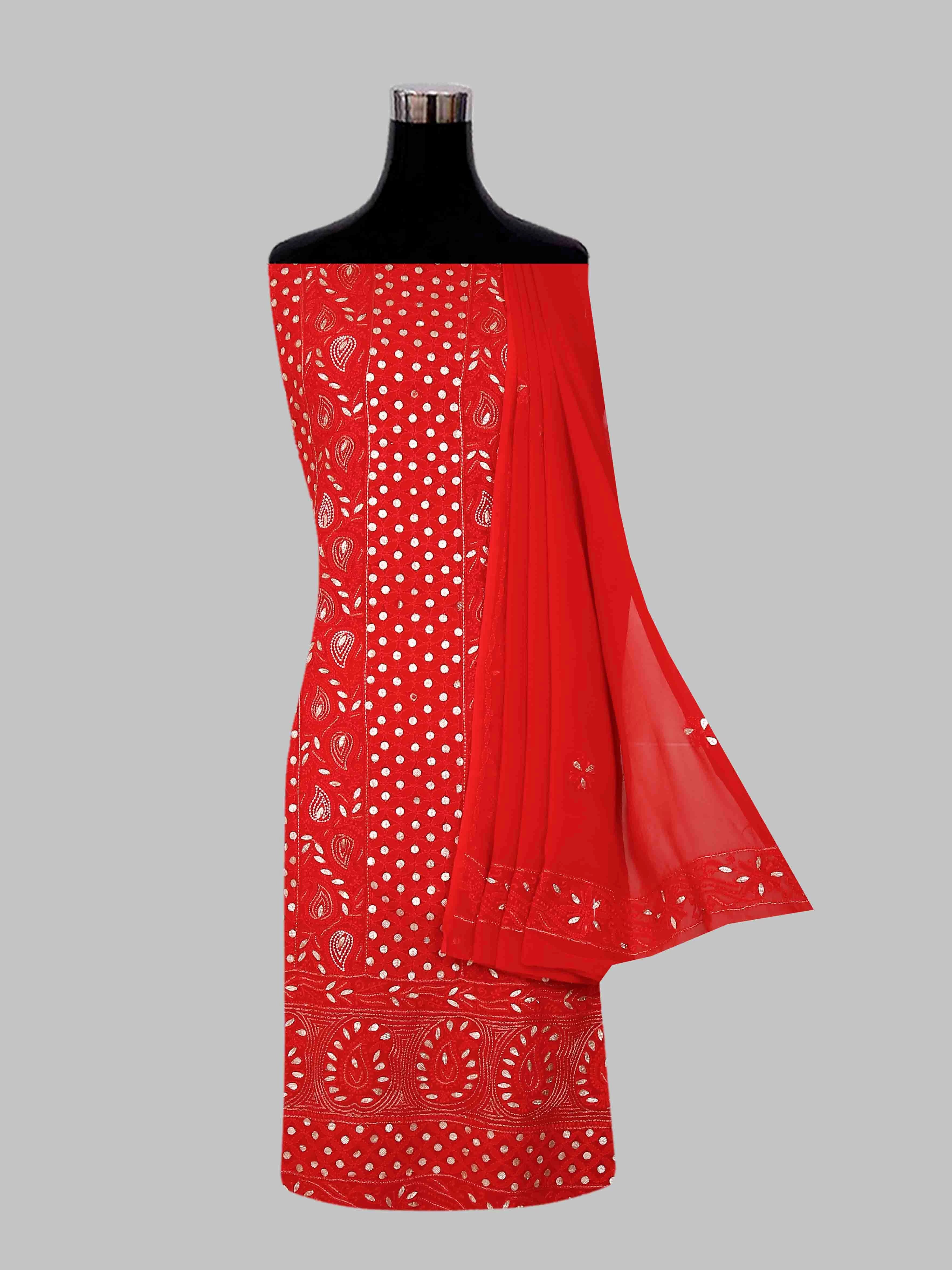 Ada Hand Embroidered Red Georgette Lucknowi Chikankari Unstitched Kurta Dupatta Set With Zari Work 01A404845