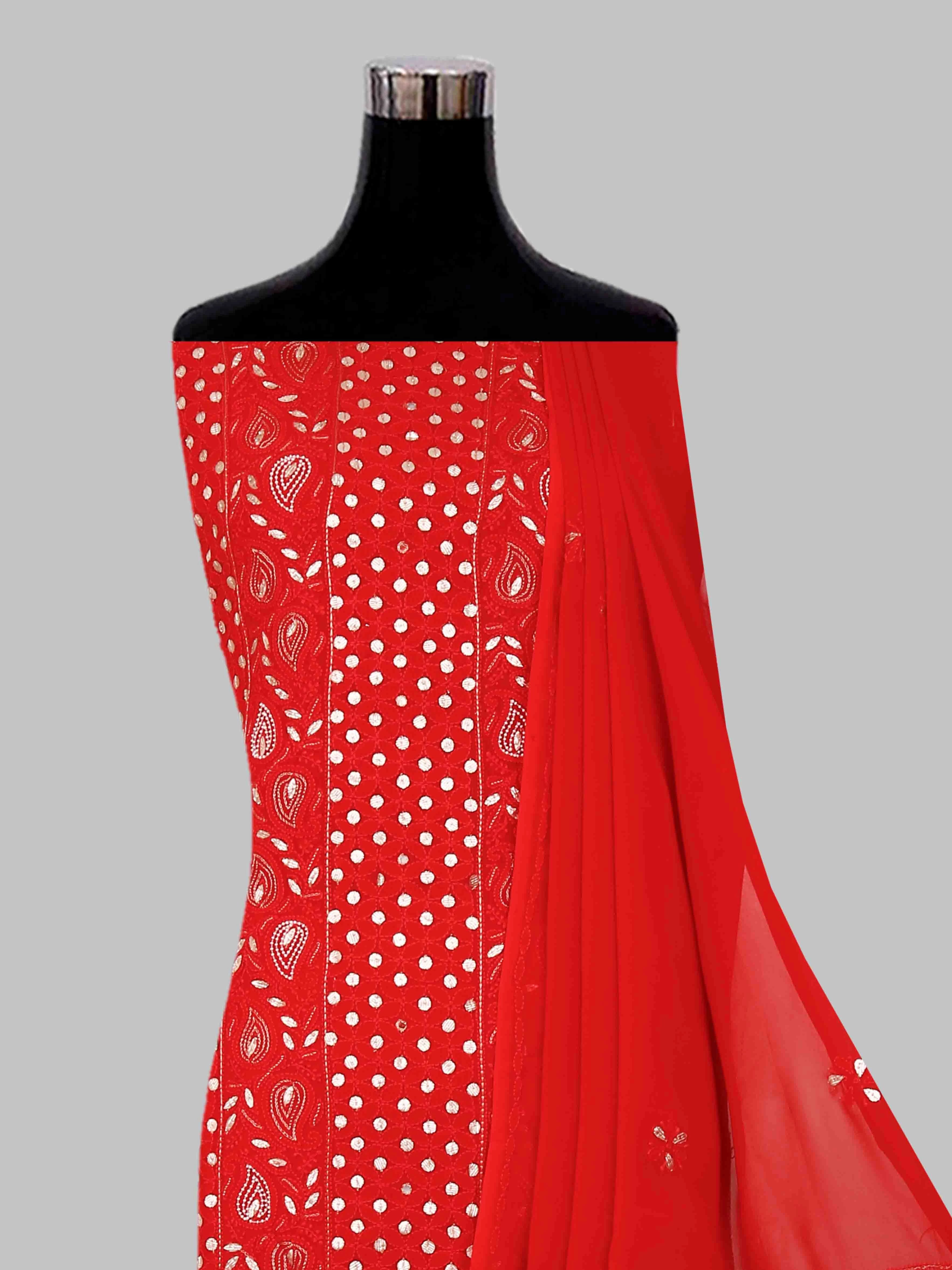 Ada Hand Embroidered Red Georgette Lucknowi Chikankari Unstitched Kurta Dupatta Set With Zari Work 01A404845