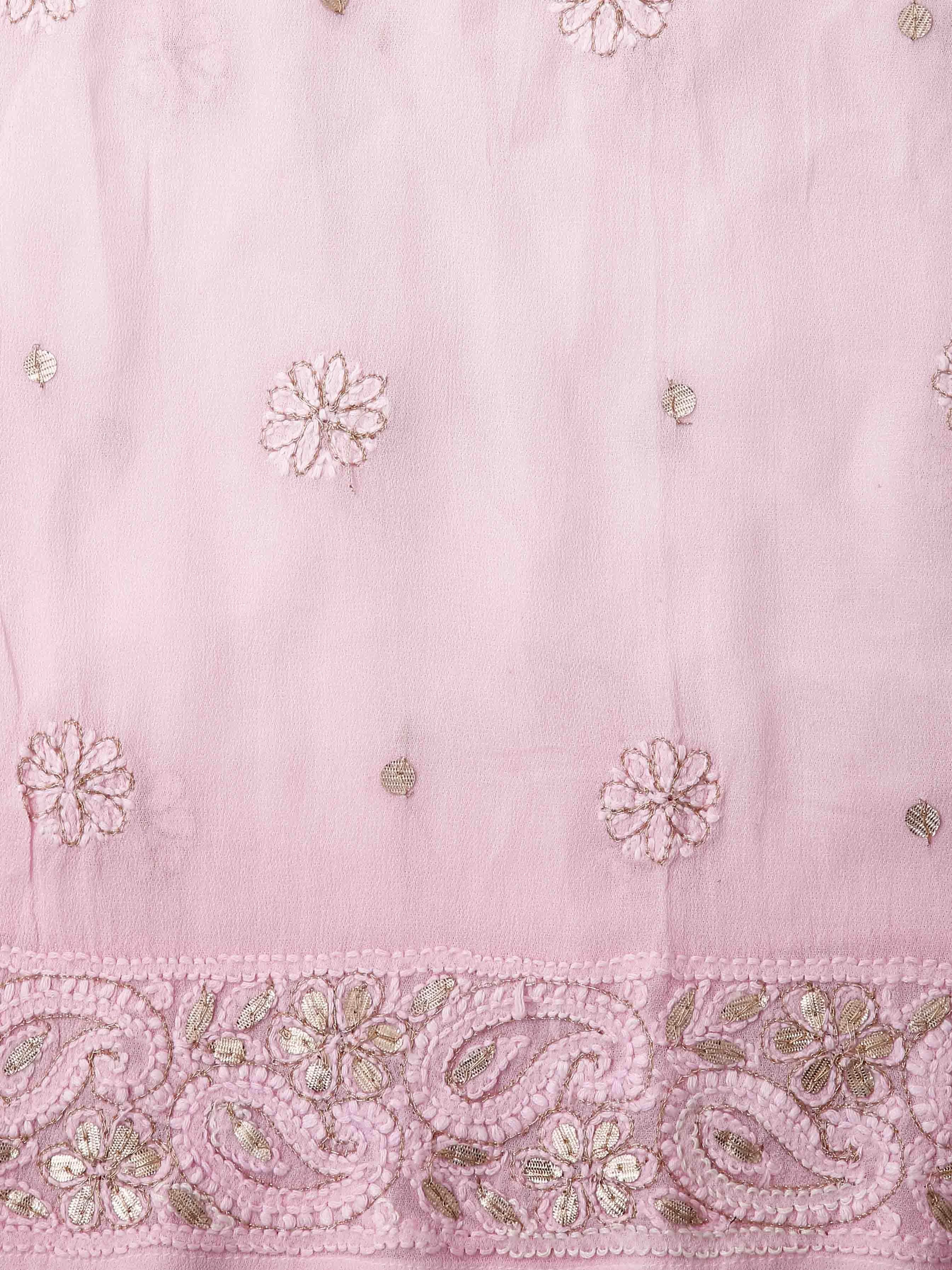 Ada Hand Embroidered Ombre Shade Of Pink Viscose Georgette Lucknowi Chikankari Semi-Stitched Anarkali Kurta Dupatta Set With Pearl Work 01A381016
