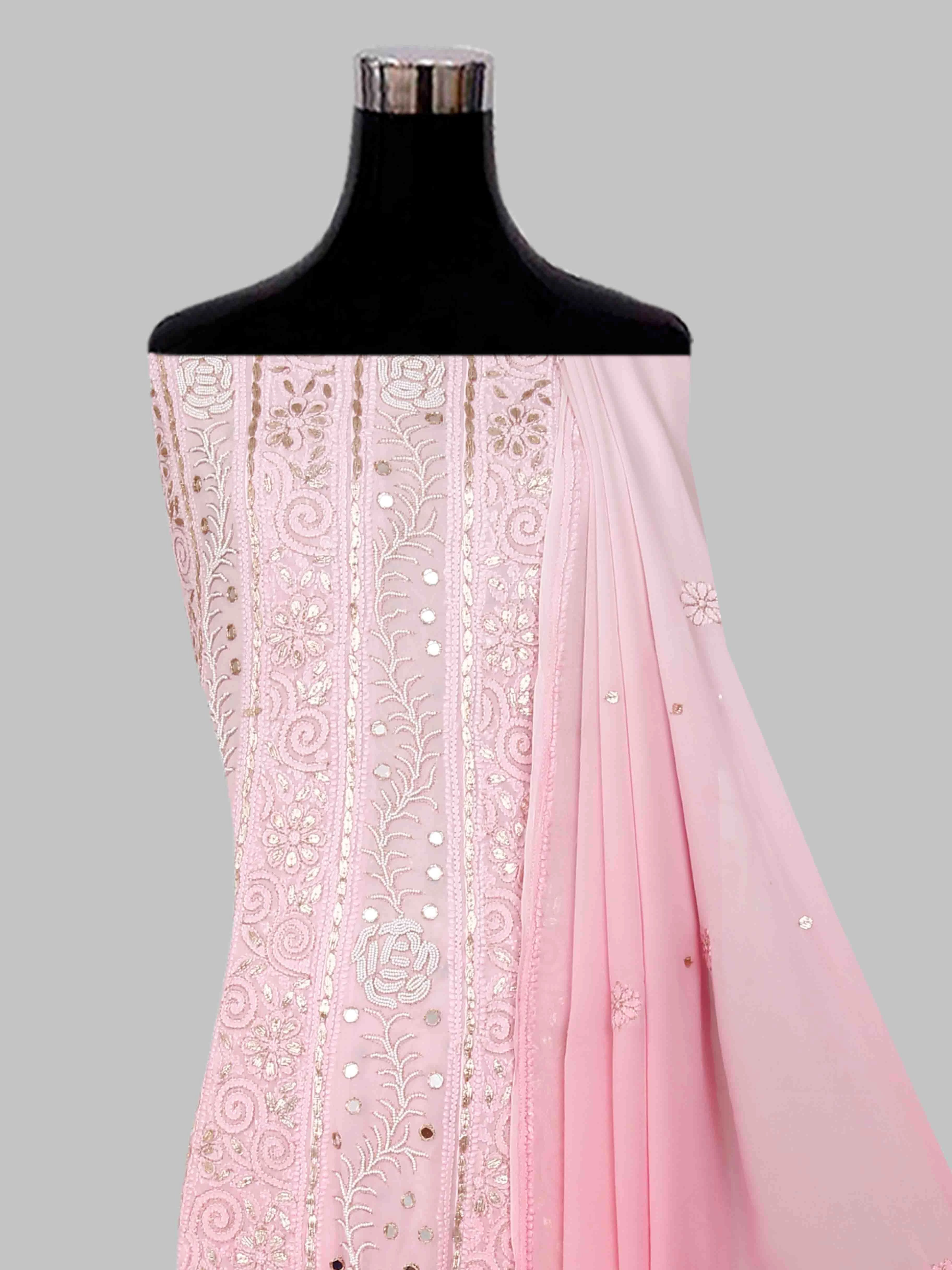 Ada Hand Embroidered Ombre Shade Of Pink Viscose Georgette Lucknowi Chikankari Semi-Stitched Anarkali Kurta Dupatta Set With Pearl Work 01A381016
