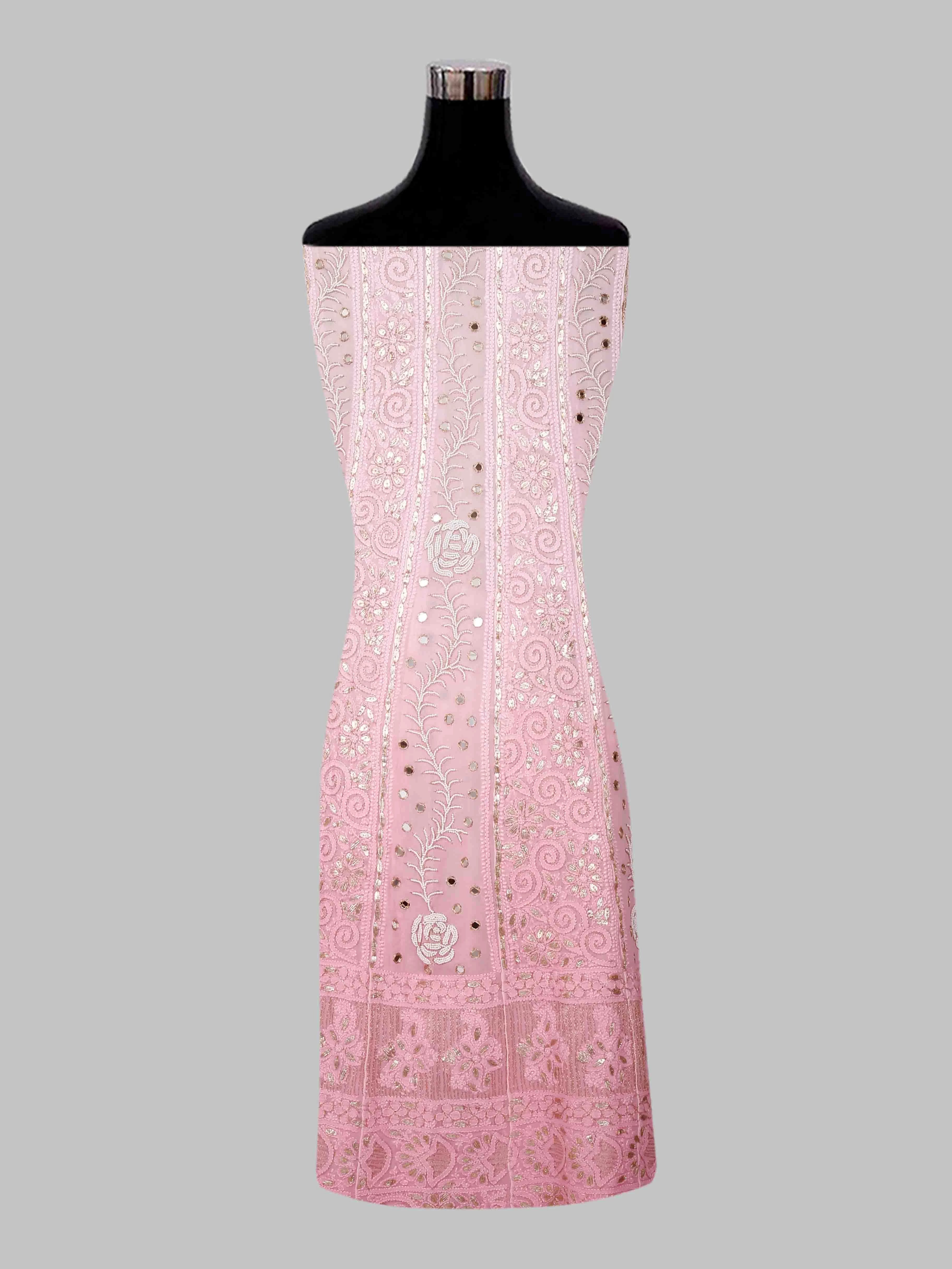 Ada Hand Embroidered Ombre Shade Of Pink Viscose Georgette Lucknowi Chikankari Semi-Stitched Anarkali Kurta Dupatta Set With Pearl Work 01A381016