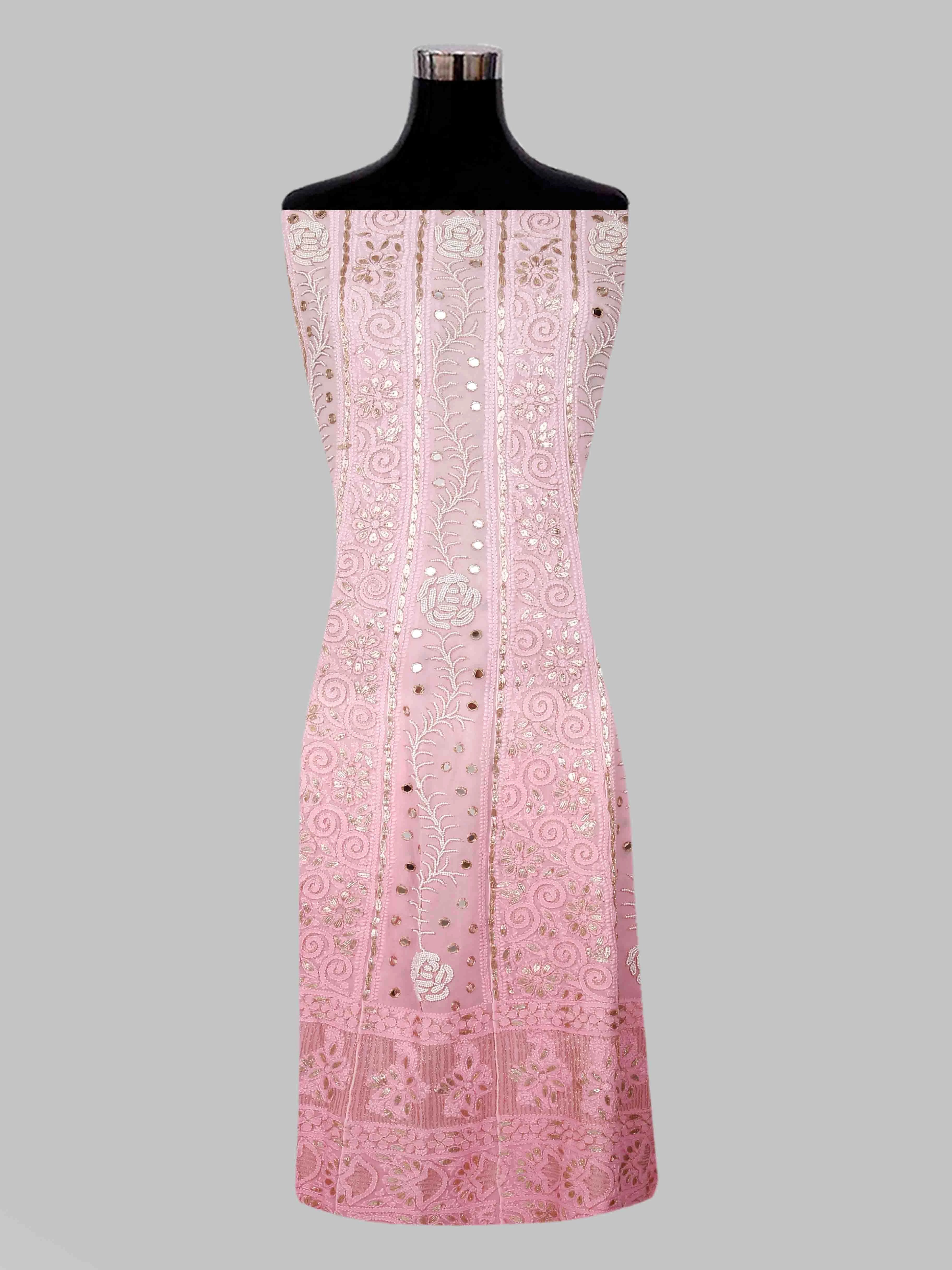 Ada Hand Embroidered Ombre Shade Of Pink Viscose Georgette Lucknowi Chikankari Semi-Stitched Anarkali Kurta Dupatta Set With Pearl Work 01A381016