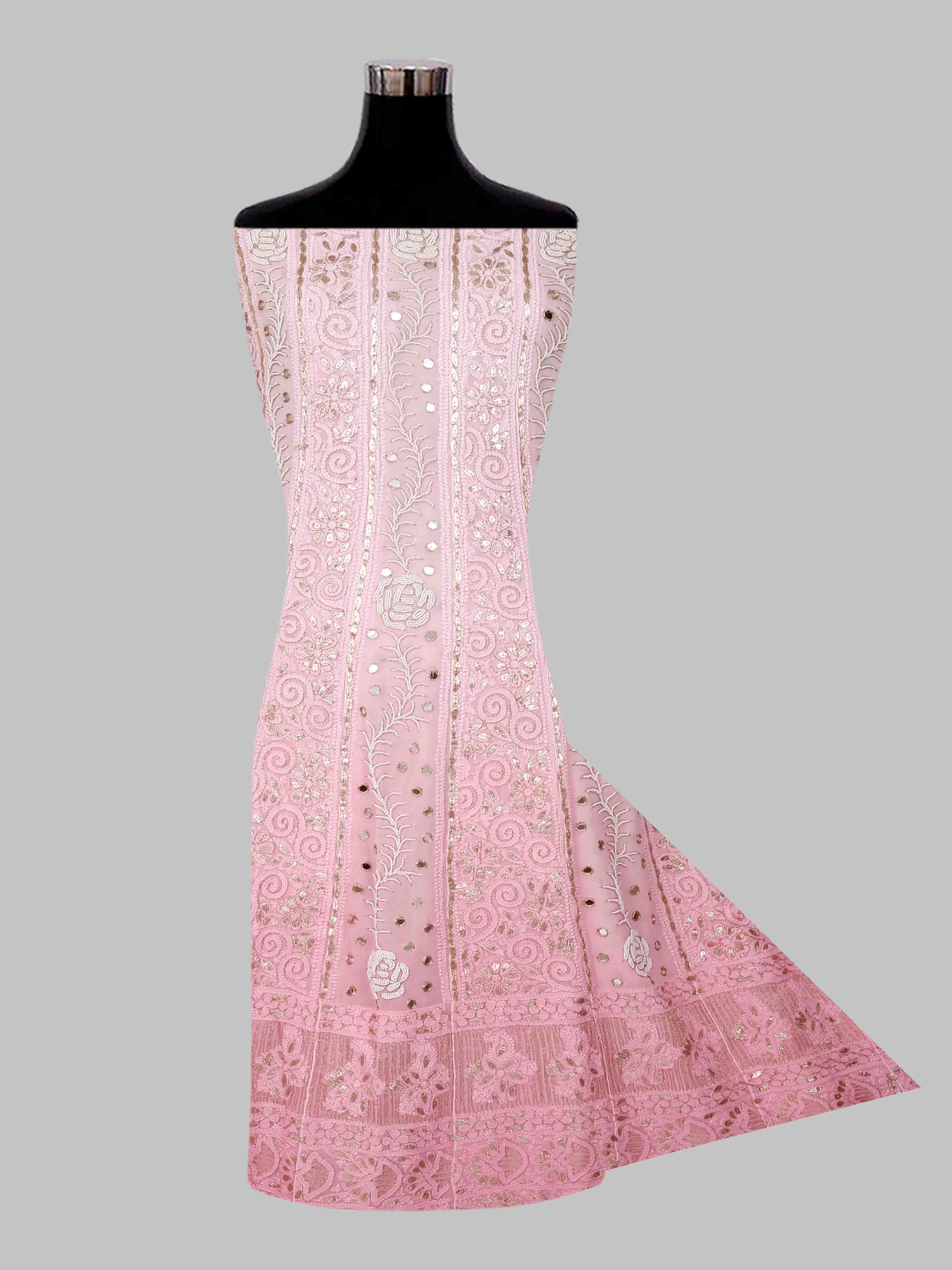 Ada Hand Embroidered Ombre Shade Of Pink Viscose Georgette Lucknowi Chikankari Semi-Stitched Anarkali Kurta Dupatta Set With Pearl Work 01A381016